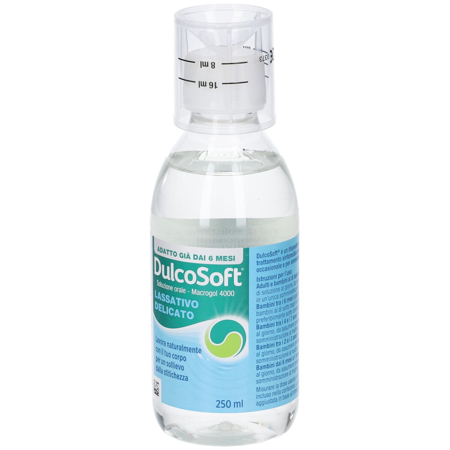 Flacone di DulcoSoft con misurino. Scritta: DulcoSoft, Lassativo Delicato, 250 ml.