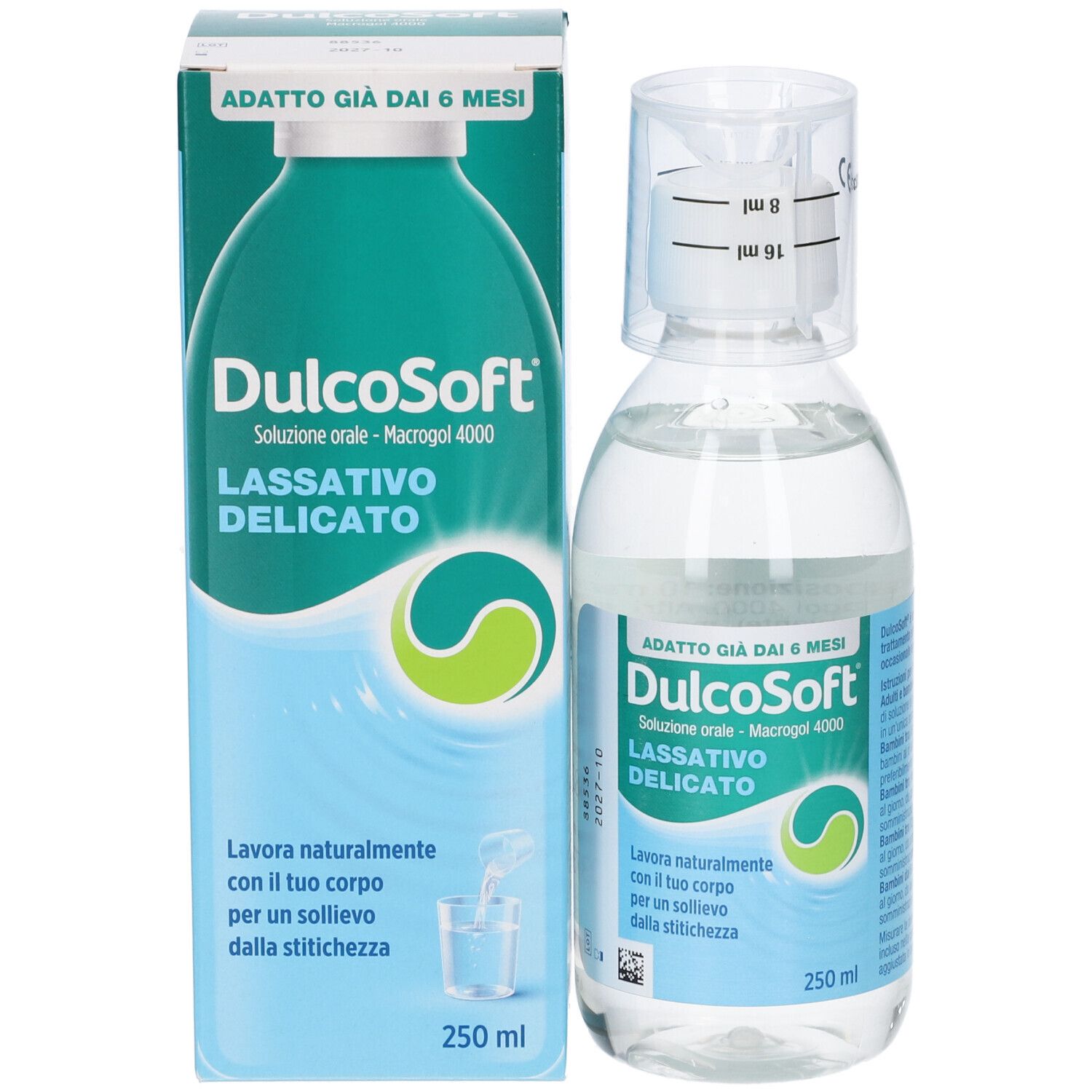 Flacone e confezione di DulcoSoft. Scritta: DulcoSoft, Lassativo Delicato, 250 ml. Con misurino.