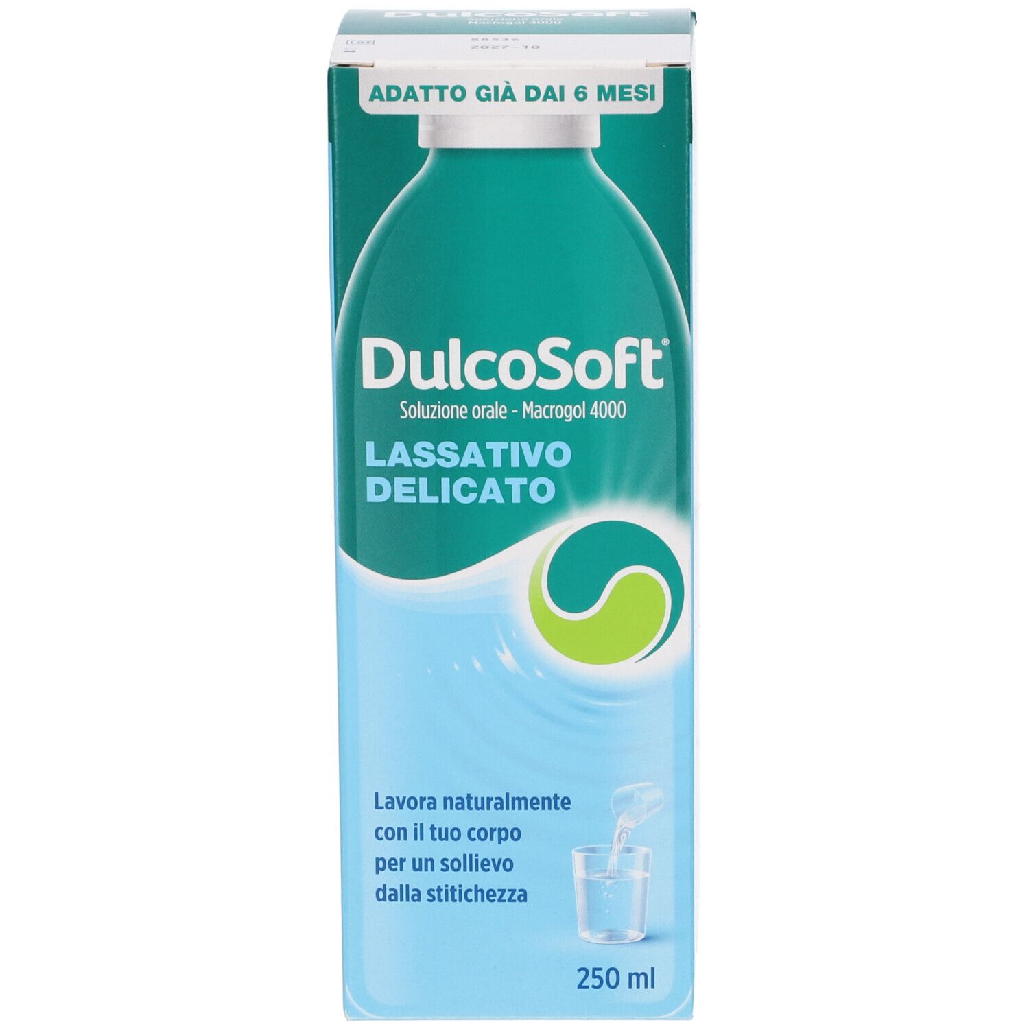 Confezione di DulcoSoft. Scritta: DulcoSoft, Lassativo Delicato, 250 ml.
