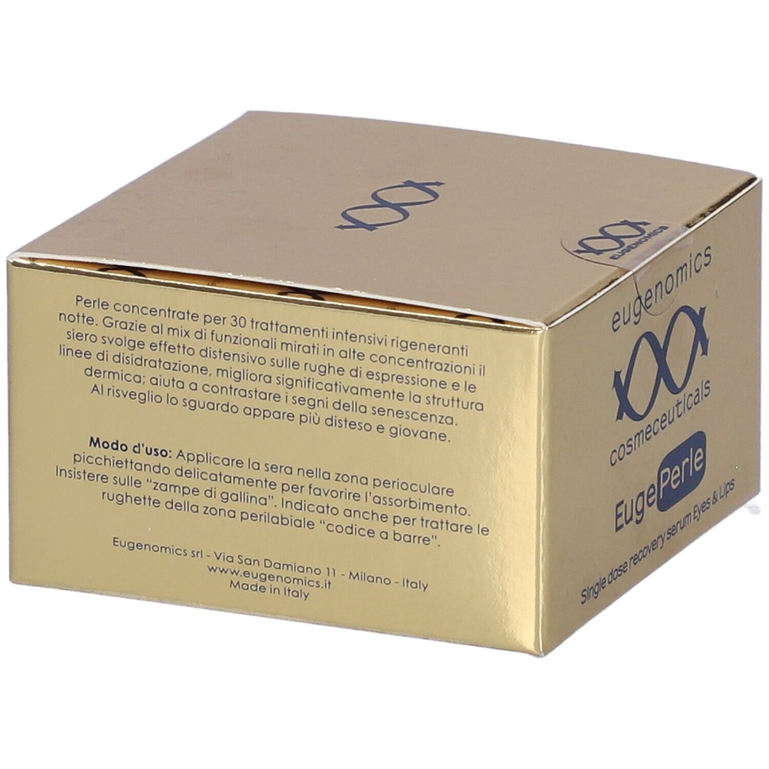 Scatola dorata con informazioni sul prodotto. Scritto: Eugenomics, EugePerle, Single dose recovery serum Eyes & Lips. Made in Italy.