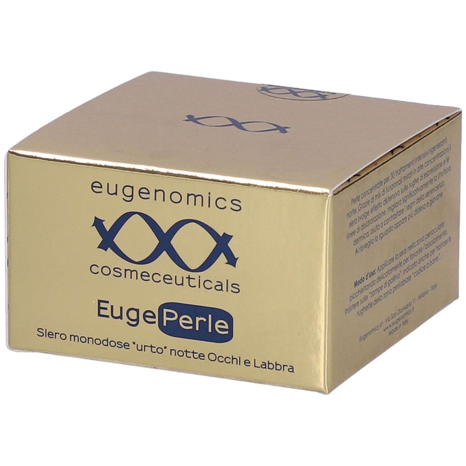 Scatola dorata con informazioni sul prodotto. Scritto: Eugenomics, EugePerle, Siero monodose 'urto' notte Occhi e Labbra.