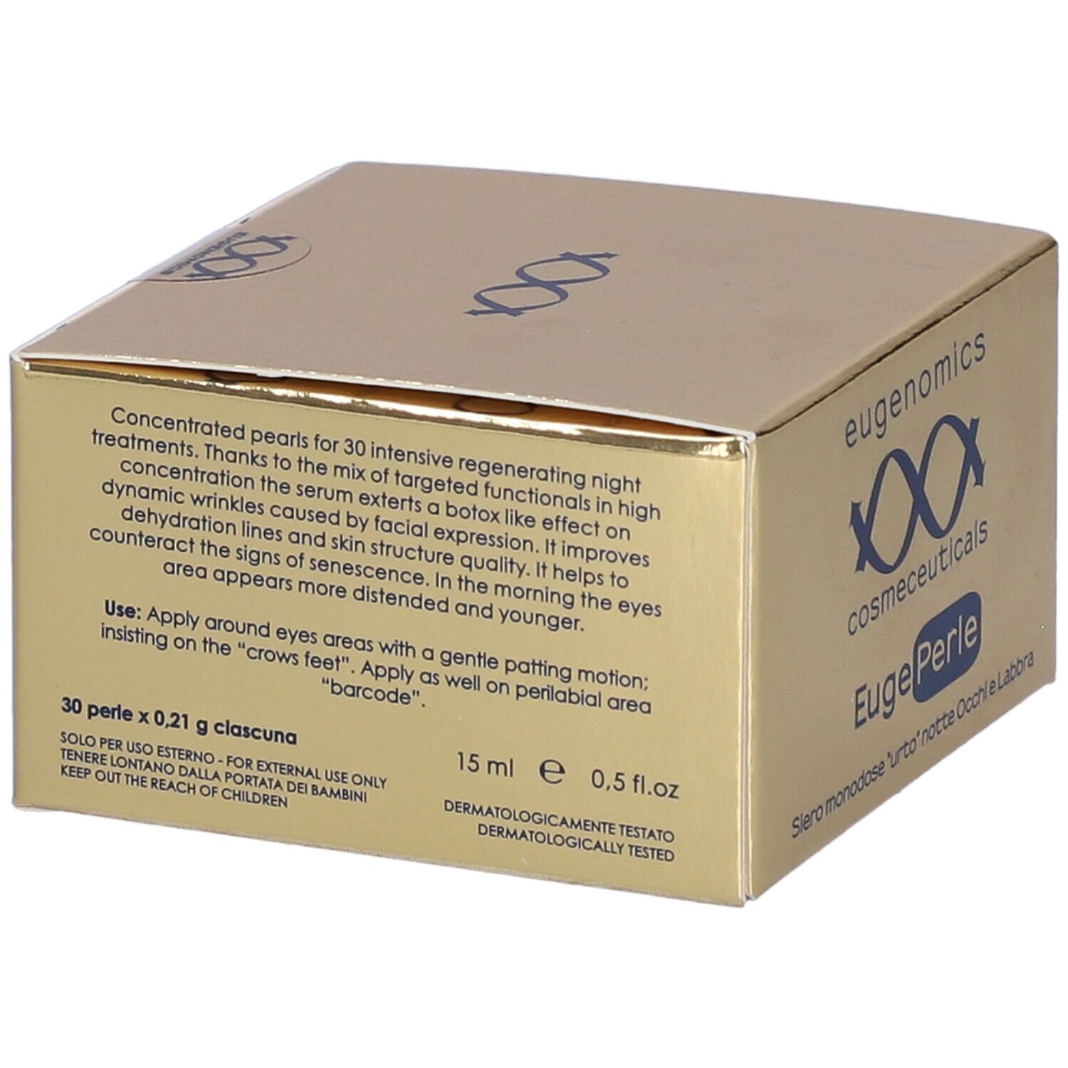 Scatola dorata con informazioni sul prodotto. Scritto: Eugenomics, EugePerle, 30 perle x 0,21 g. Dermatologicamente testato.
