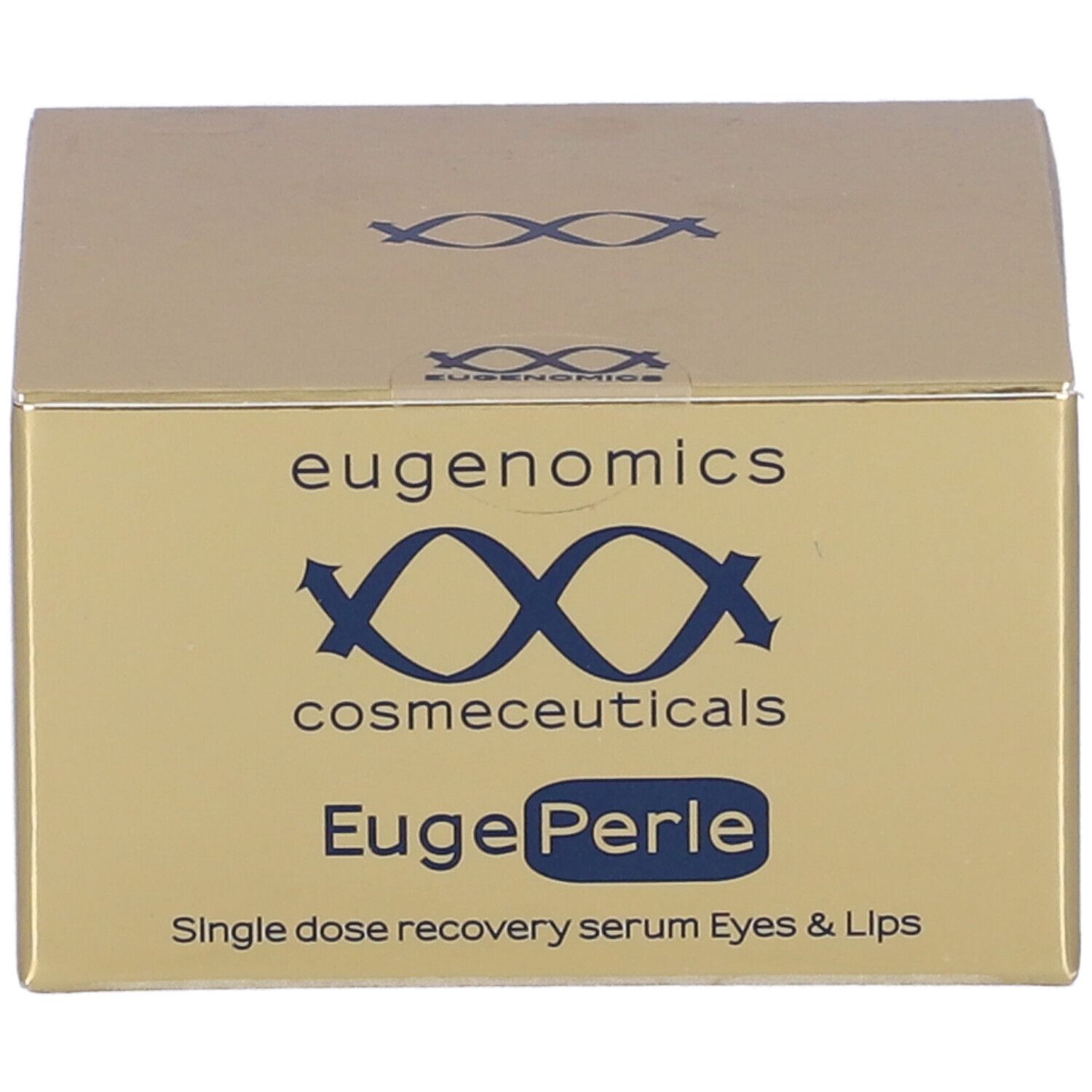 Scatola dorata con informazioni sul prodotto. Scritto: Eugenomics, EugePerle, Single dose recovery serum Eyes & Lips.