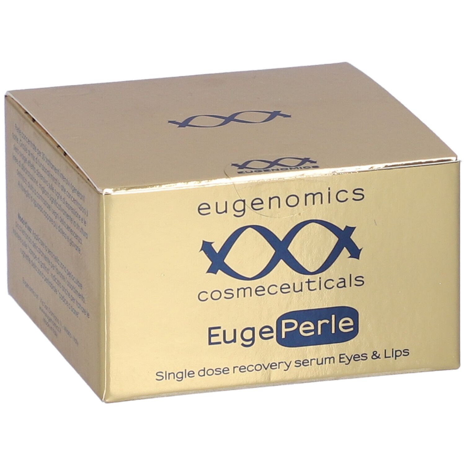 Scatola dorata con informazioni sul prodotto. Scritto: Eugenomics, EugePerle, Single dose recovery serum Eyes & Lips.
