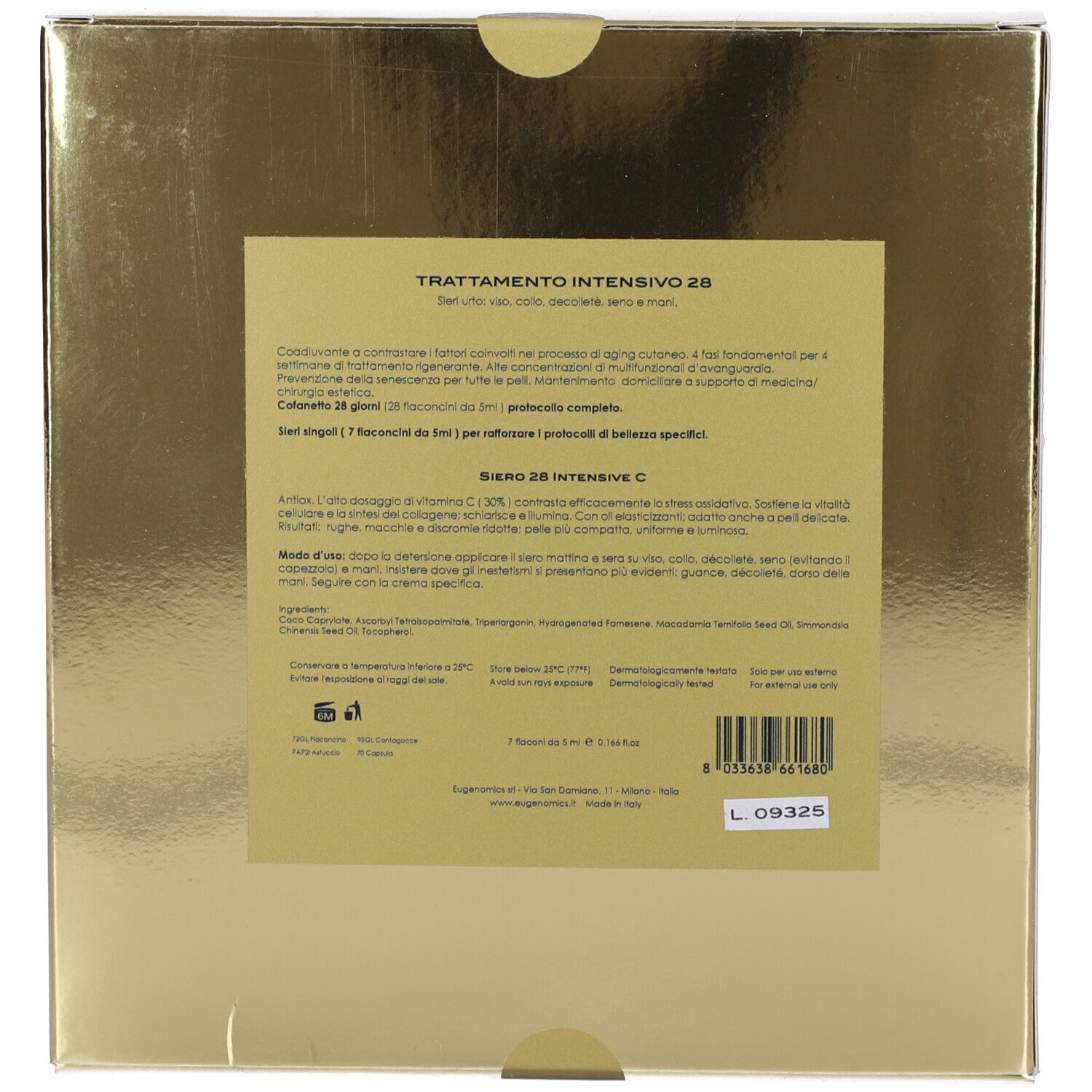 Retro della scatola dorata con testo, ingredienti e codice a barre.