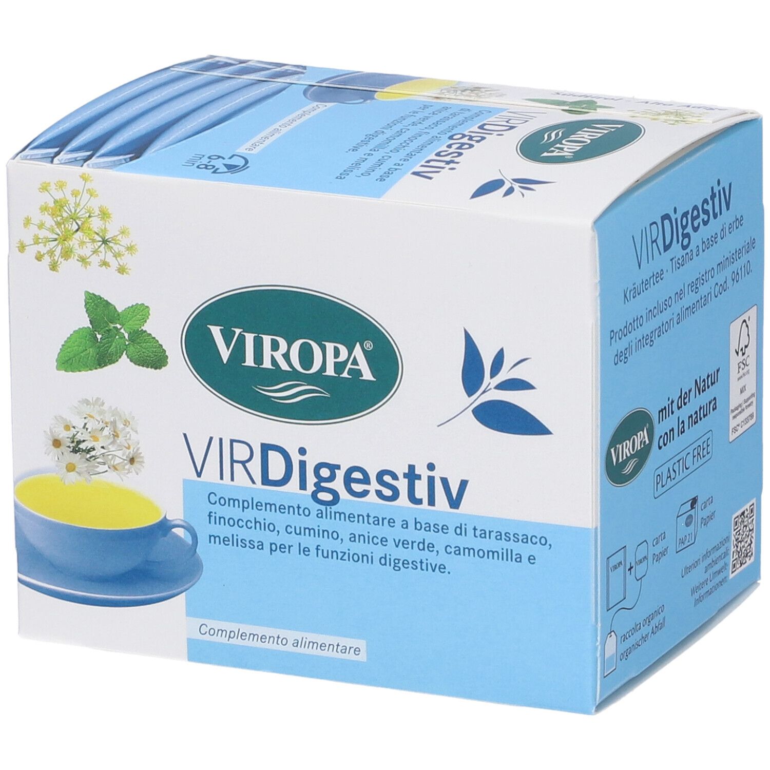 Scatola Viropa Virdigestiv. Scatola blu e bianca con nome del prodotto e illustrazioni di erbe. Ingredienti.