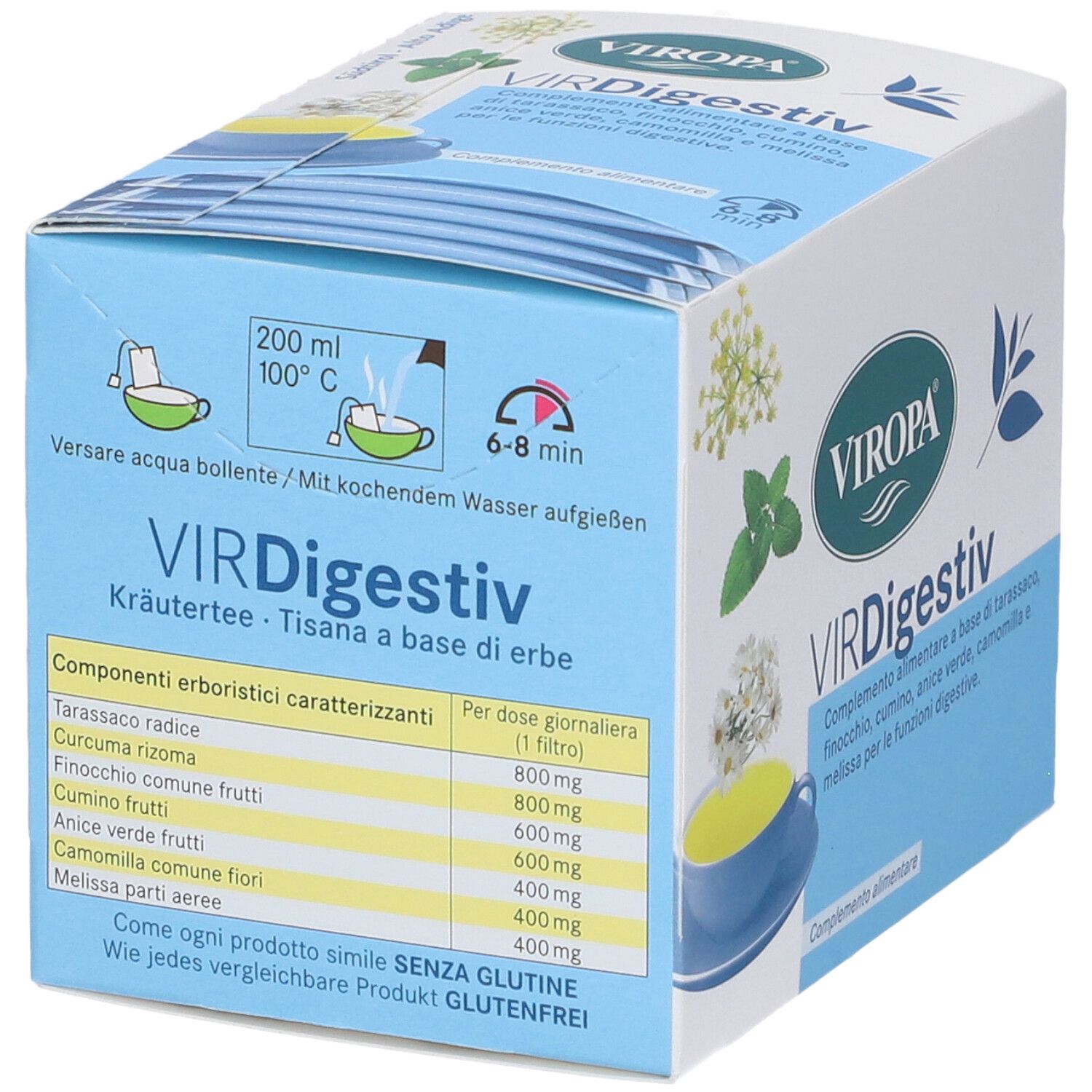 Scatola Viropa Virdigestiv. Scatola blu e bianca con nome del prodotto e illustrazioni di erbe. Istruzioni.