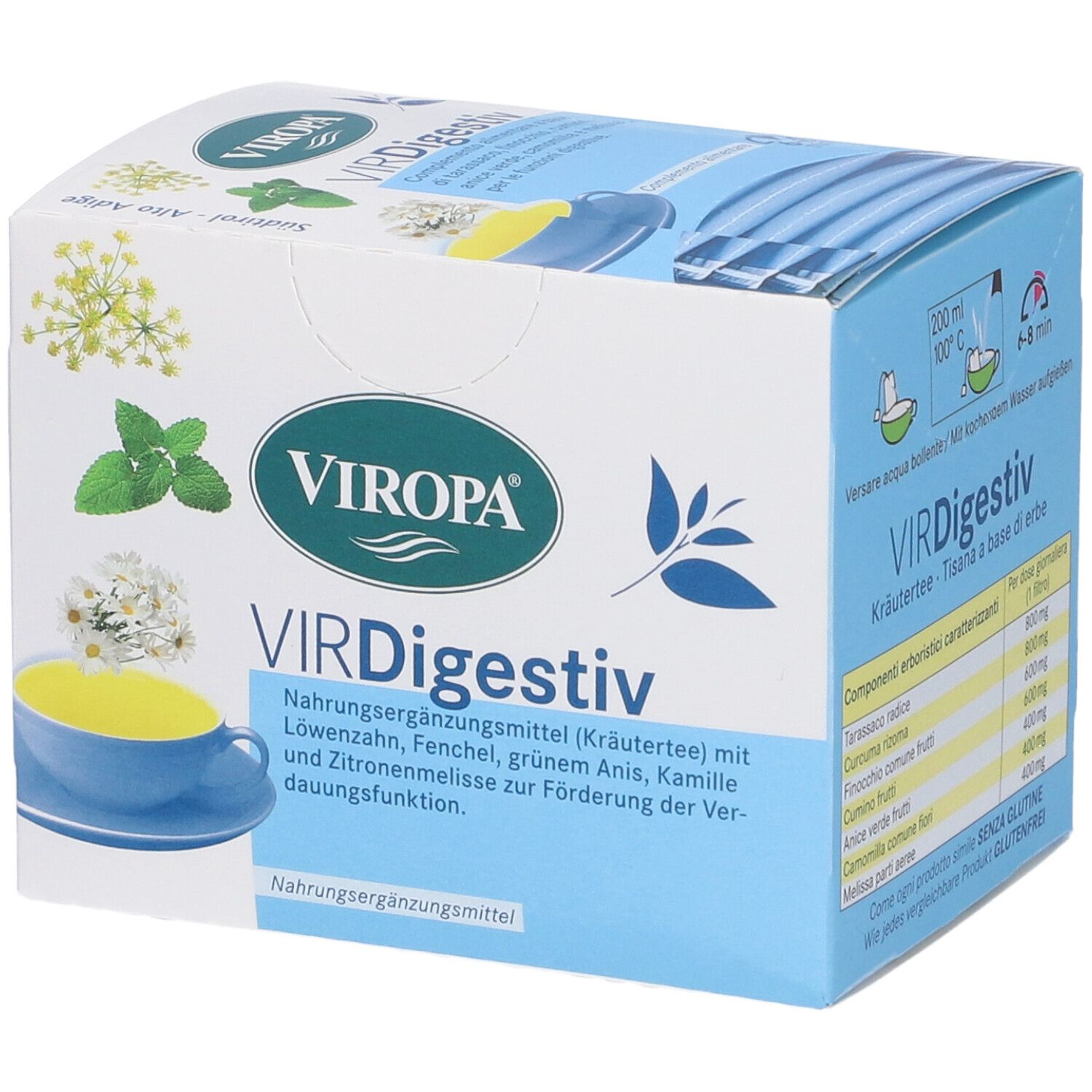 Scatola Viropa Virdigestiv. Scatola blu e bianca con nome del prodotto e illustrazioni di erbe. Ingredienti e preparazione.