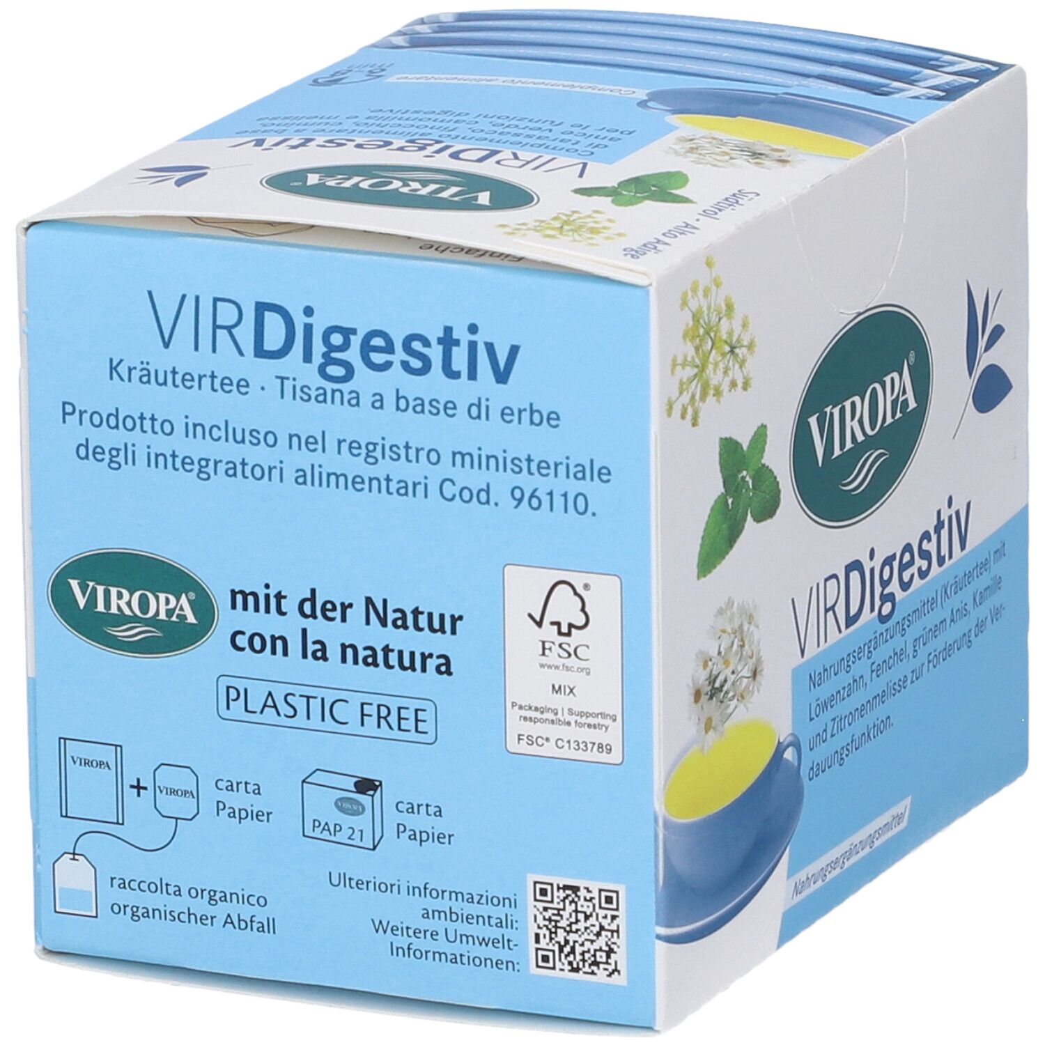 Scatola Viropa Virdigestiv. Scatola blu e bianca con nome del prodotto e illustrazioni di erbe. Logo FSC e istruzioni per il riciclo.