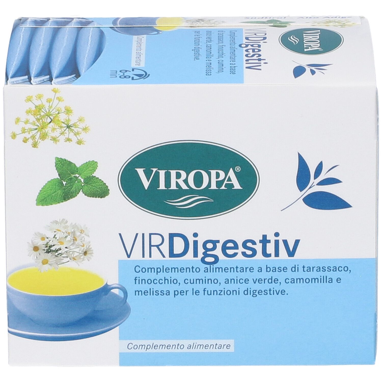 Scatola Viropa Virdigestiv. Scatola blu e bianca con nome del prodotto e illustrazioni di erbe. Descrizione del prodotto.