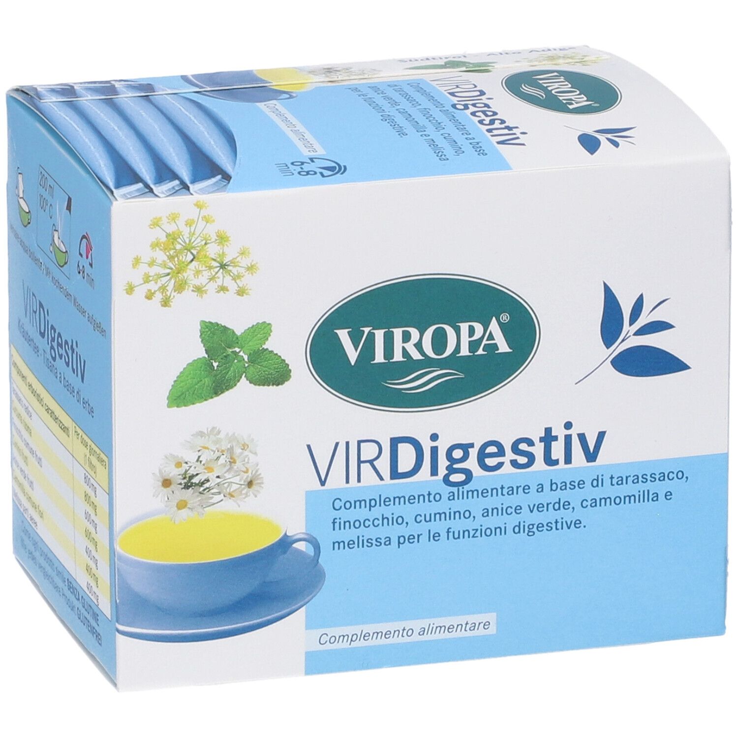 Scatola Viropa Virdigestiv. Scatola blu e bianca con nome del prodotto e illustrazioni di erbe. Descrizione del prodotto.