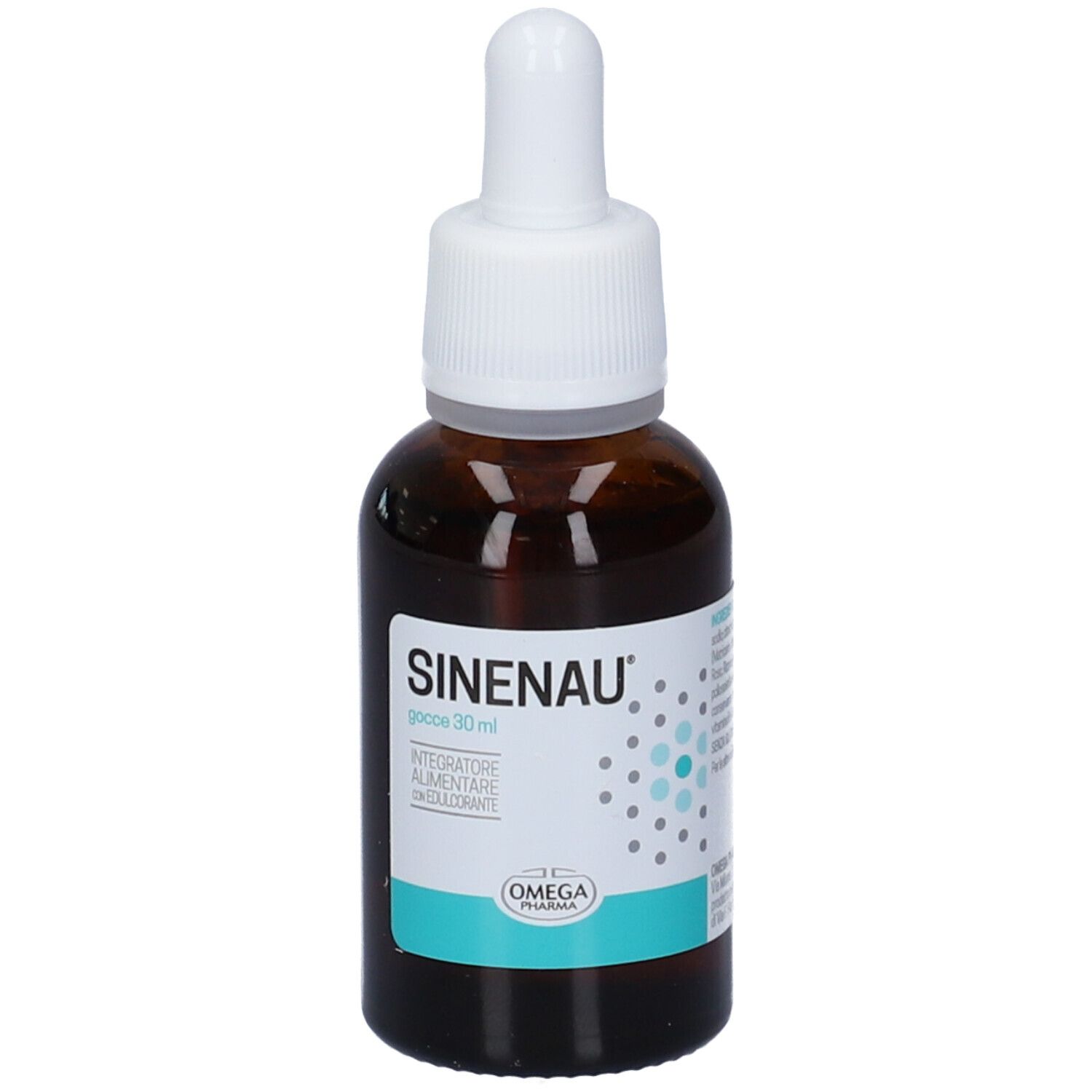 Flacone di vetro marrone con contagocce bianco. Etichetta Sinenau® con nome del prodotto e logo. 30 ml. Logo Omega Pharma.
