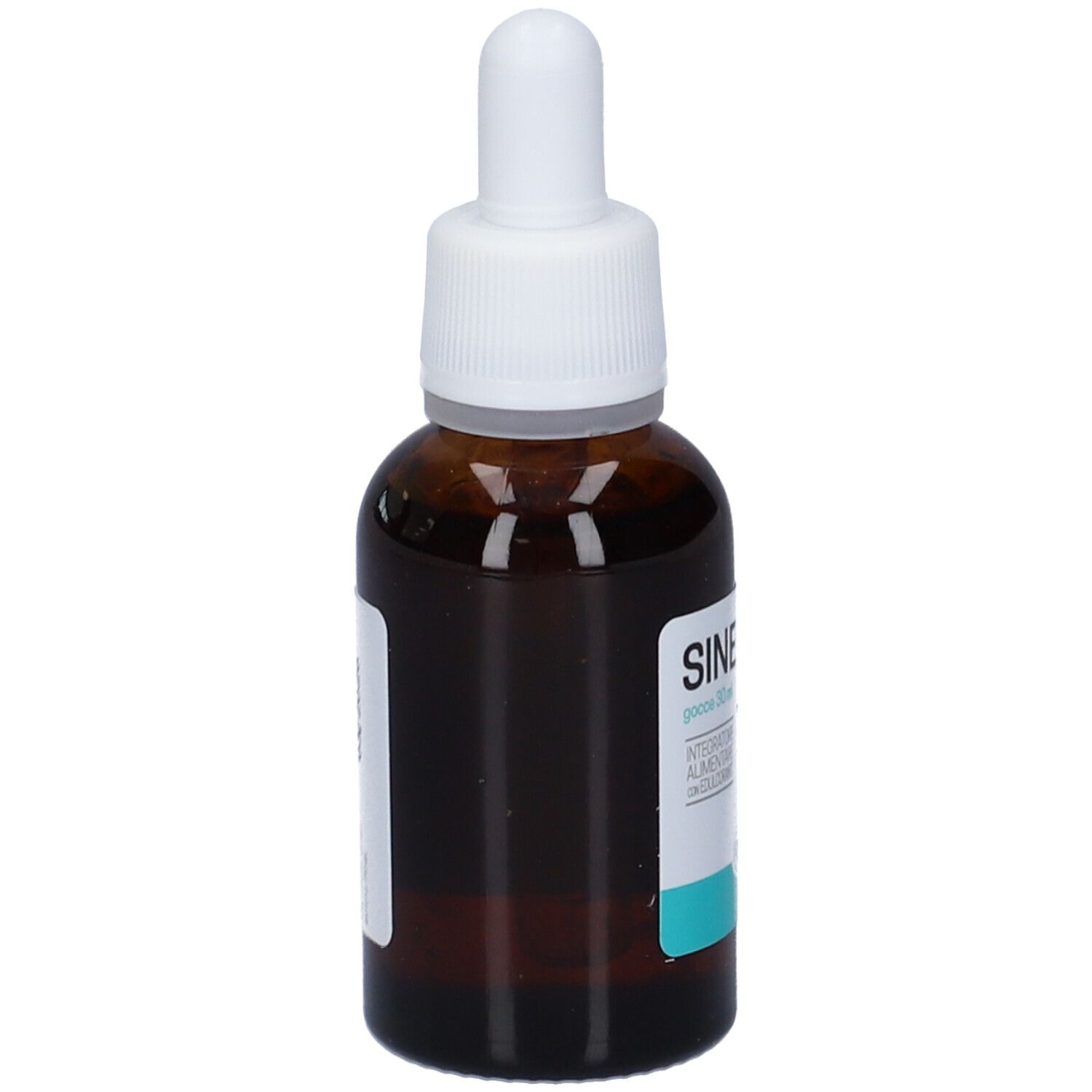 Flacone di vetro marrone con contagocce bianco. Etichetta Sinenau® con informazioni sul prodotto. Logo Omega Pharma. 30 ml.