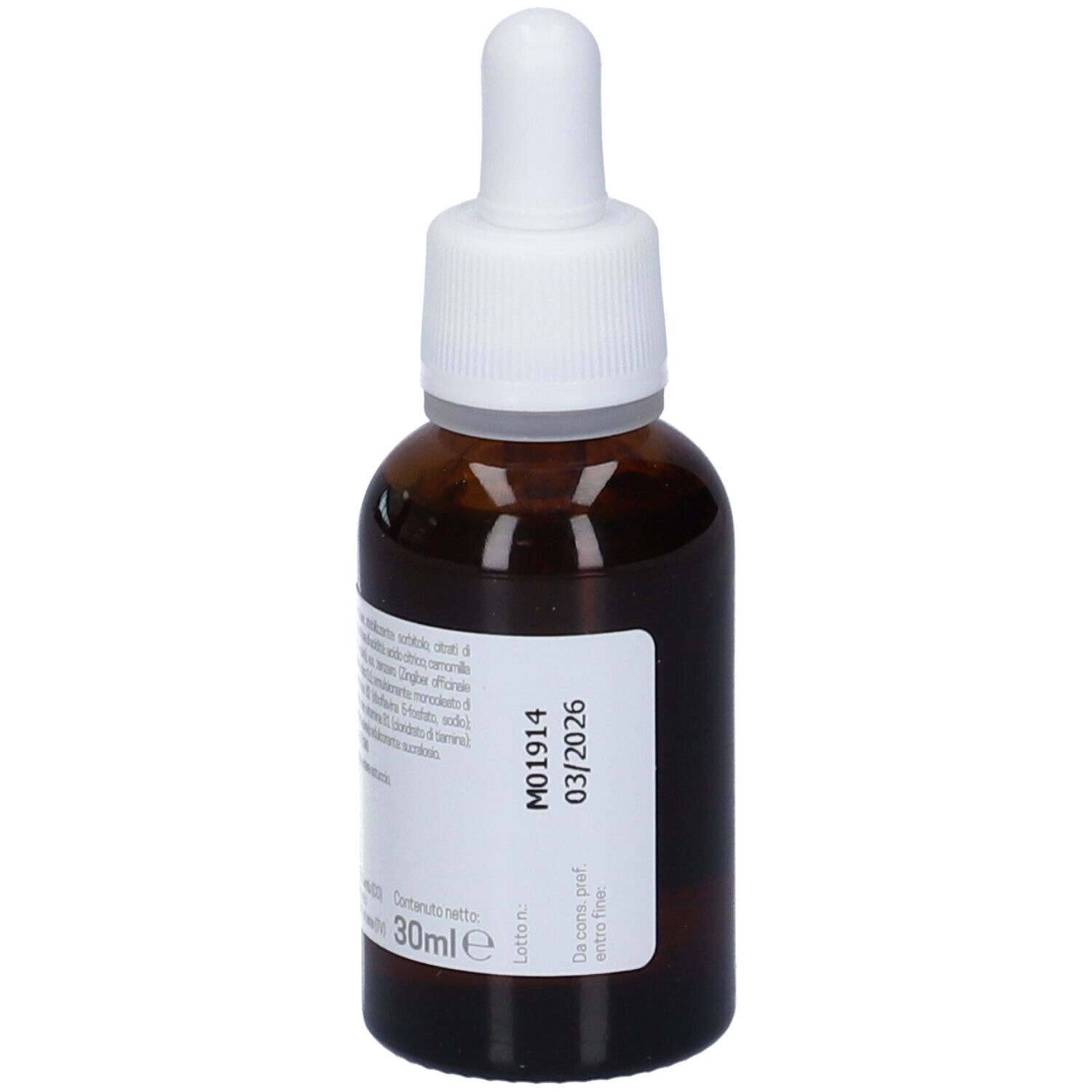 Flacone di vetro marrone con contagocce bianco. Etichetta Sinenau® con data di scadenza e numero di lotto. 30 ml.