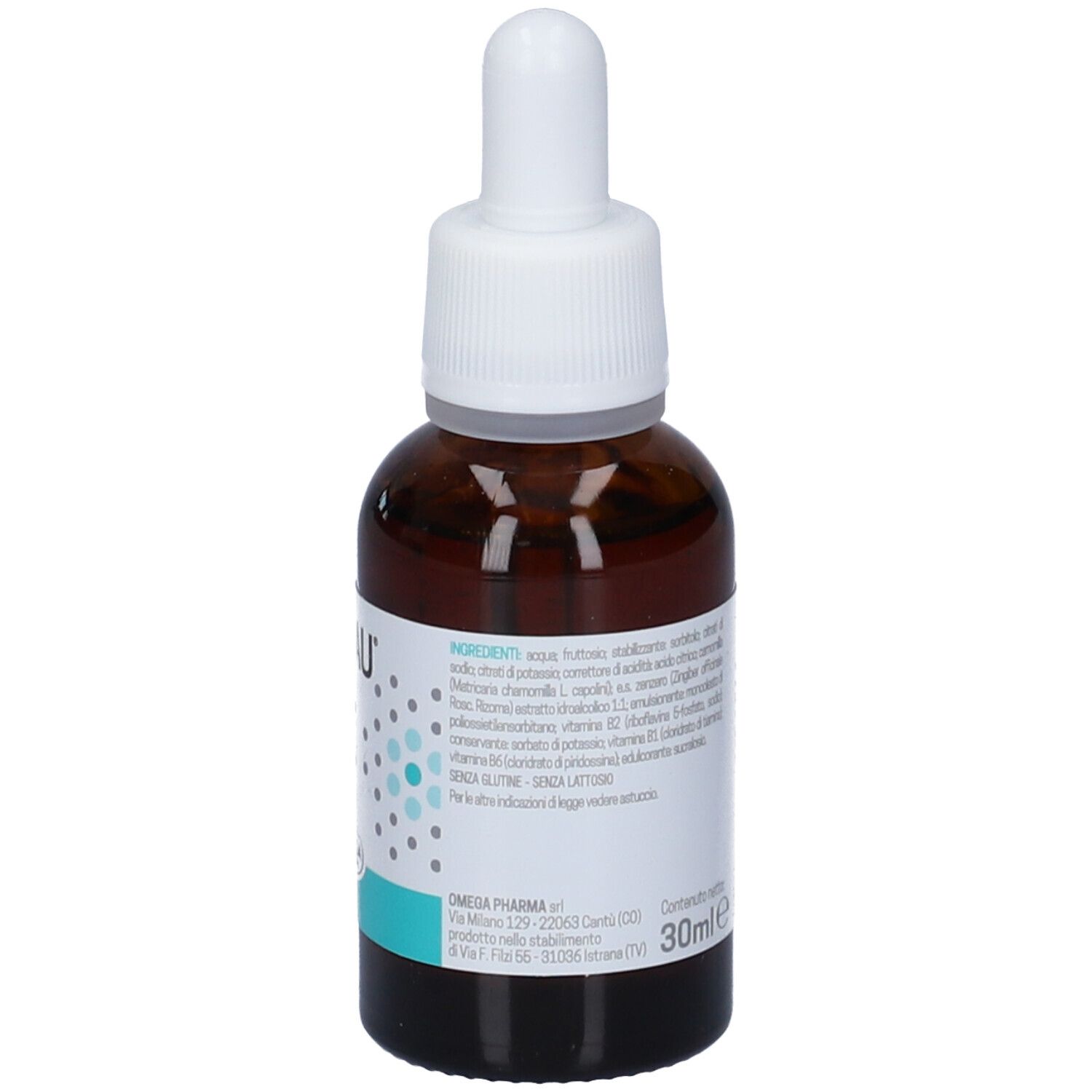 Flacone di vetro marrone con contagocce bianco. Etichetta Sinenau® con ingredienti e informazioni. 30 ml.