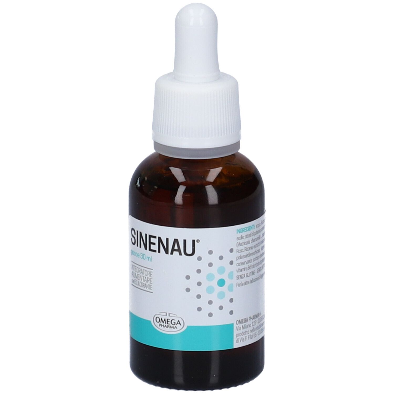 Flacone di vetro marrone con contagocce bianco. Etichetta Sinenau® con nome del prodotto e logo. 30 ml. Logo Omega Pharma.
