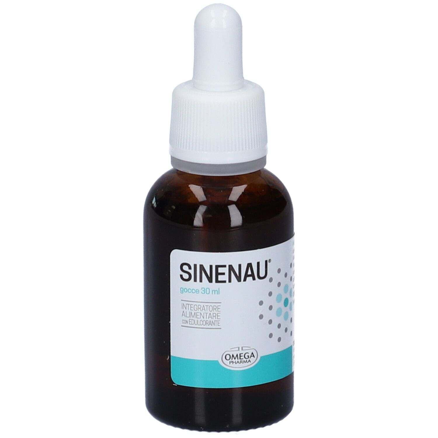 Flacone di vetro marrone con contagocce bianco. Etichetta Sinenau® con nome del prodotto e logo. 30 ml. Logo Omega Pharma.
