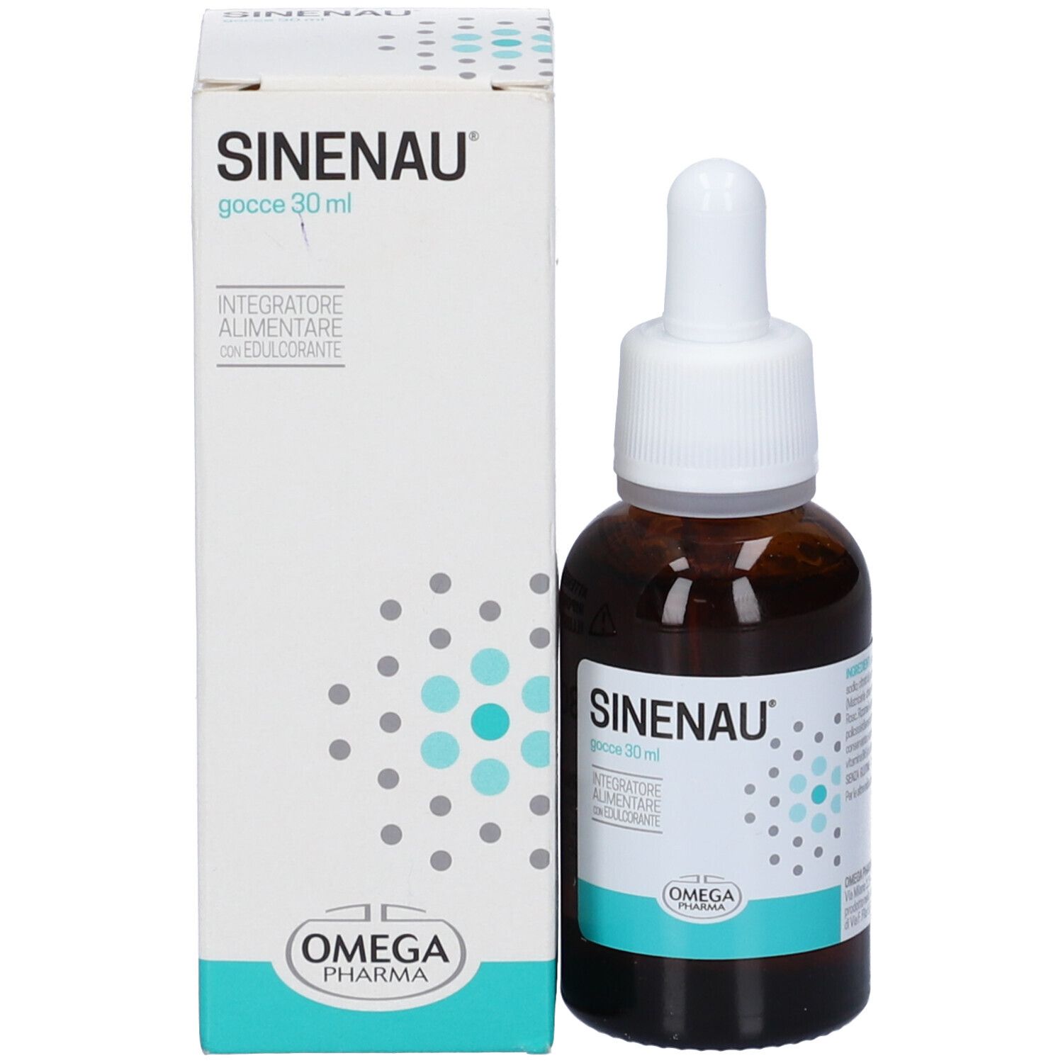 Flacone e confezione di gocce Sinenau®. Flacone marrone con contagocce bianco. Confezione bianca con logo e nome del prodotto.