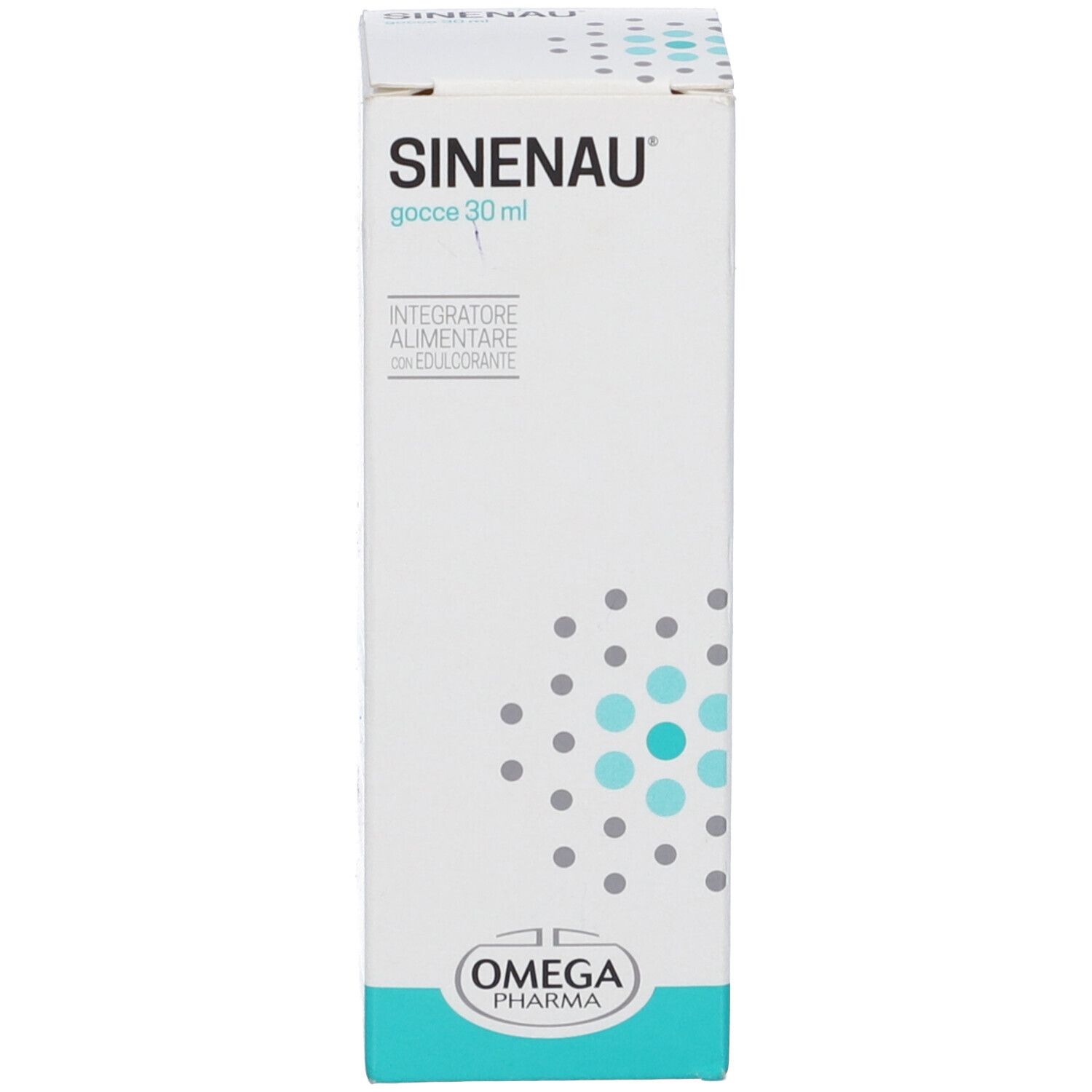Confezione di Sinenau®. Bianca con accenti blu-verdi. Nome del prodotto e logo visibili. Logo Omega Pharma.