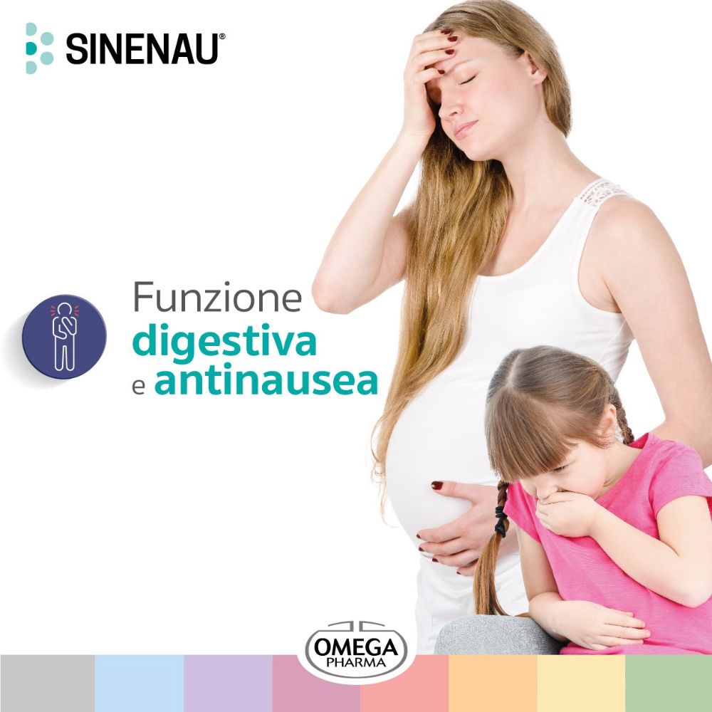 Logo Sinenau. Donna e bambina. Testo: Funzione digestiva e antinausea. Logo Omega Pharma.