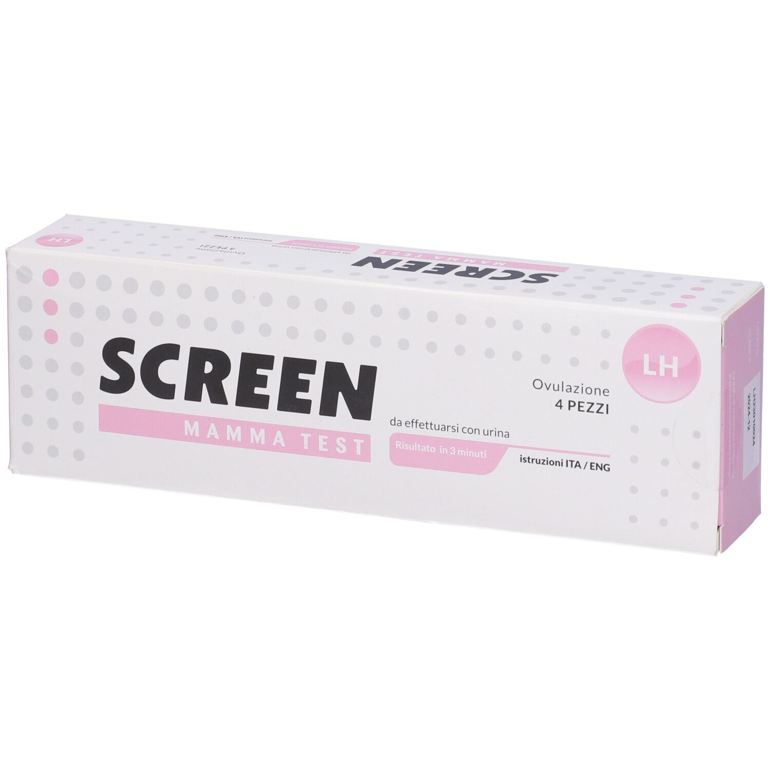 Confezione di test di ovulazione Screen. Scatola bianca e rosa con nome del prodotto e '4 pezzi'.