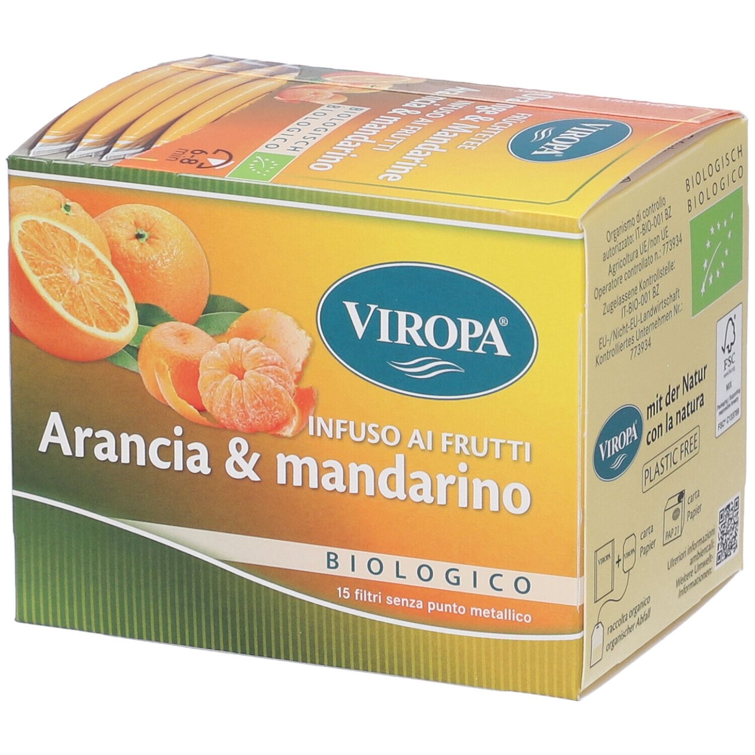 Confezione Viropa Infuso Arancia & Mandarino. 15 filtri. Certificazione biologica. Immagini di arance e mandarini.