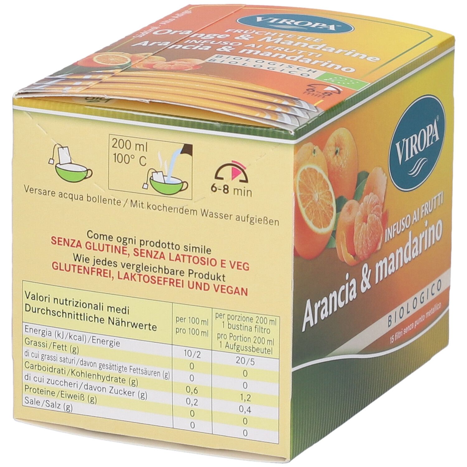 Confezione Viropa Infuso Arancia & Mandarino. 15 filtri. Certificazione biologica. Tabella nutrizionale. Istruzioni per la preparazione.