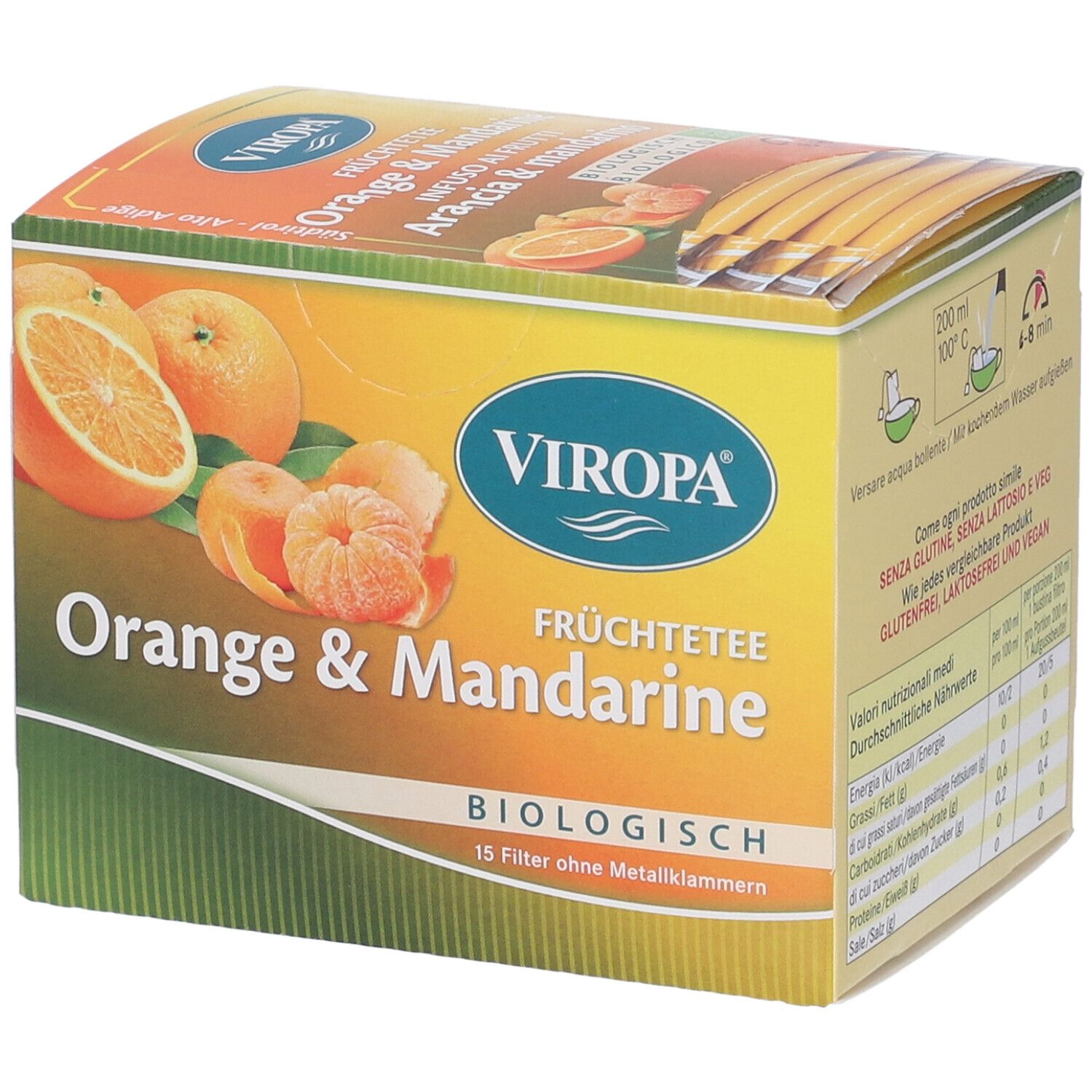 Confezione Viropa Tè alla frutta Arancia & Mandarino. 15 filtri senza punti metallici. Certificazione biologica. Tabella nutrizionale.