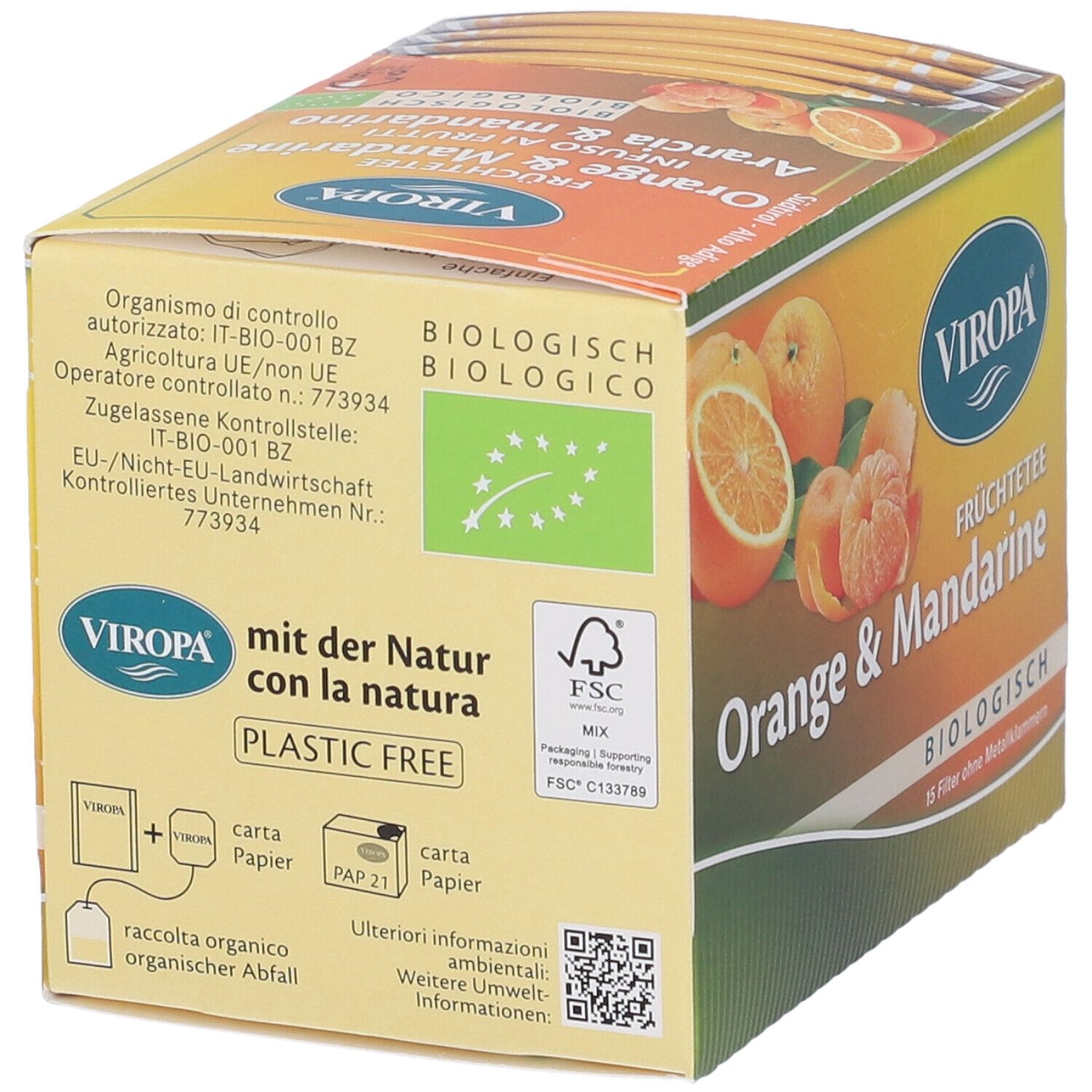 Confezione Viropa Tè alla frutta Arancia & Mandarino. Certificazione biologica. Logo FSC. Istruzioni per il riciclo. Senza plastica.