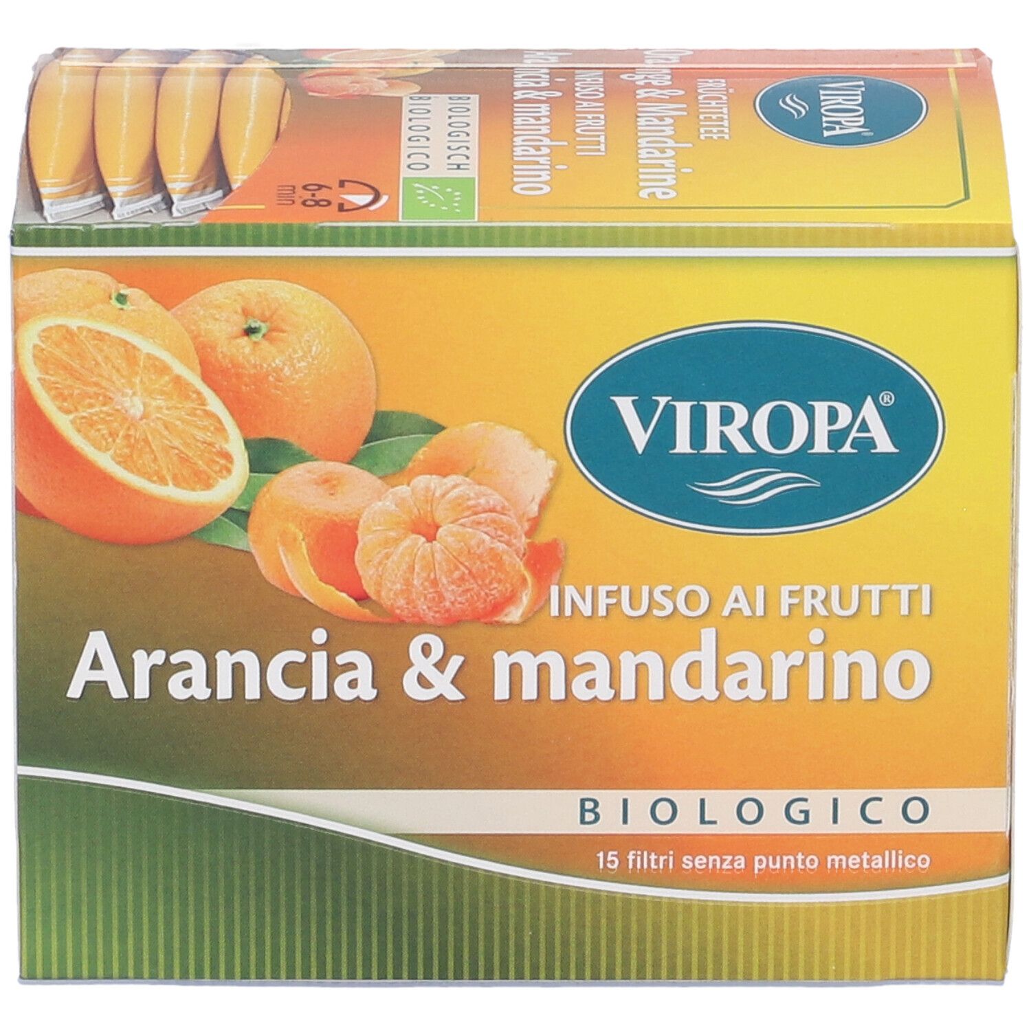 Confezione Viropa Infuso Arancia & Mandarino. 15 filtri senza punti metallici. Certificazione biologica. Immagini di frutta.