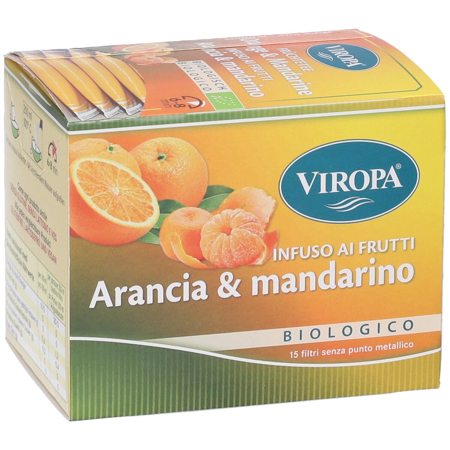 Confezione Viropa Infuso Arancia & Mandarino. 15 filtri senza punti metallici. Certificazione biologica. Immagini di frutta.