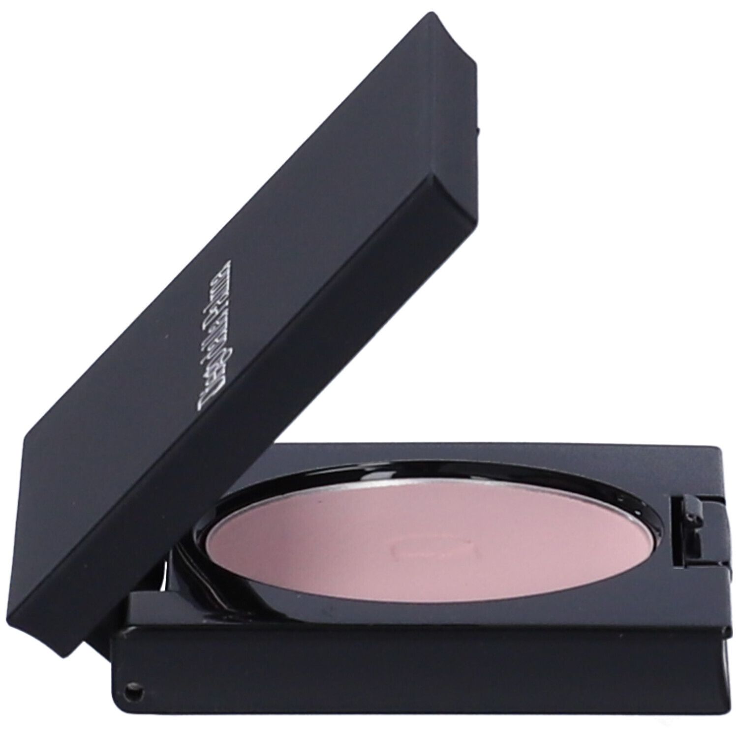 Ombretto compatto in custodia nera. Contiene specchio e ombretto rosa. Coperchio semiaperto.