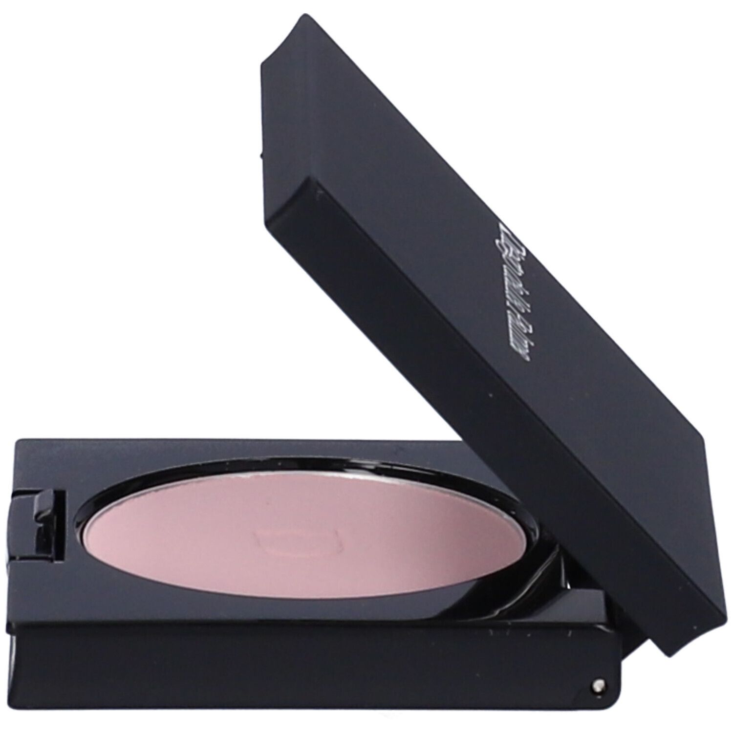 Ombretto compatto in custodia nera. Contiene specchio e ombretto rosa. Coperchio semiaperto.