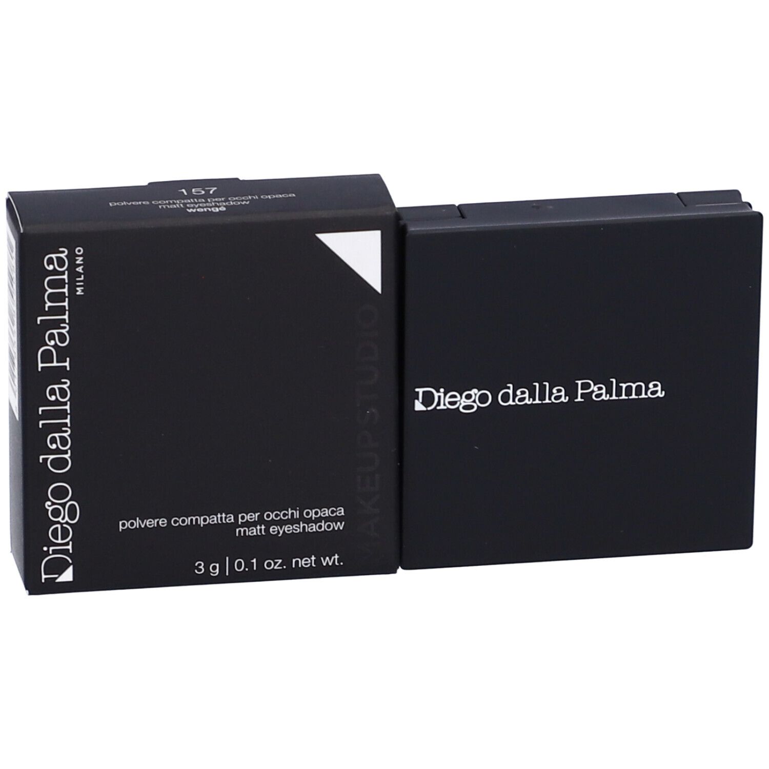 Palette ombretto compatta nera e confezione. Scritta: Diego dalla Palma Milano. Colore 157 Wenge.
