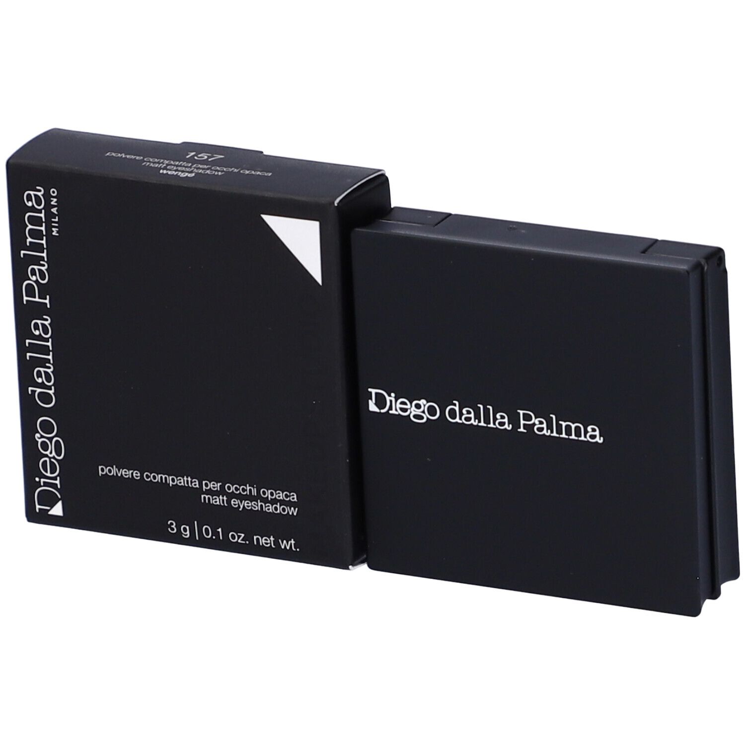 Palette ombretto compatta nera e confezione. Scritta: Diego dalla Palma Milano. Colore 157 Wenge.