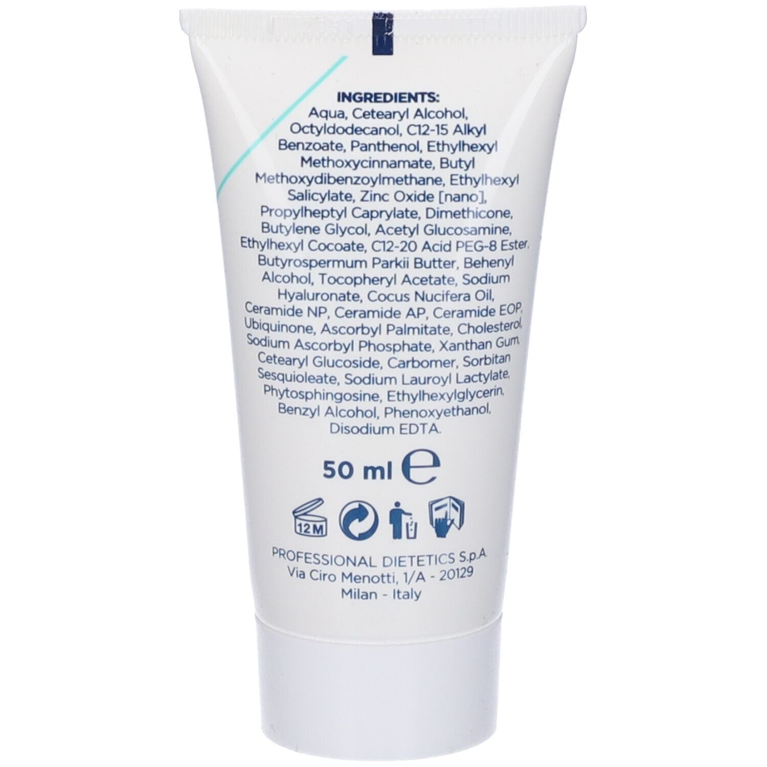 Retro del tubo con ingredienti e informazioni. Testo: 50 ml, 12M. Indirizzo: Professional Dietetics S.p.A., Milano, Italia.