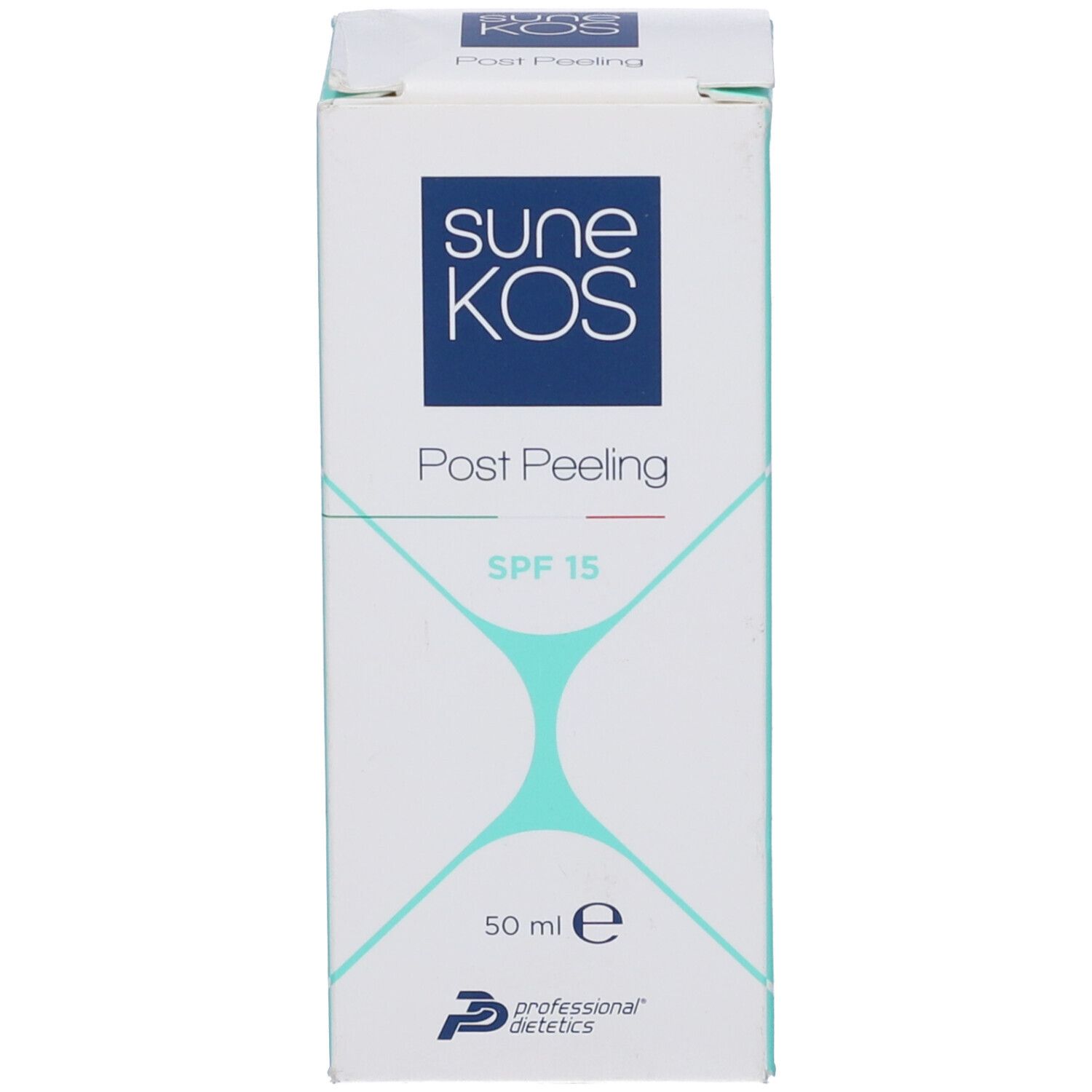 Confezione bianca con logo e testo blu. Testo: Sune Kos, Post Peeling, SPF 15, 50 ml. Logo: Professional Dietetics.
