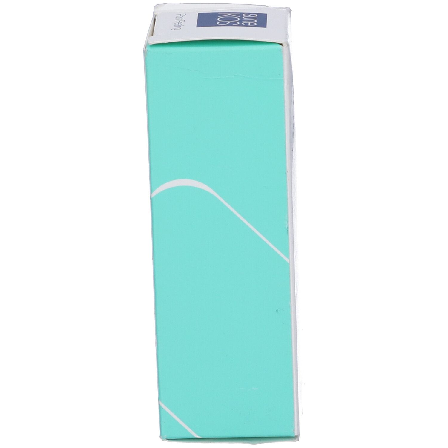 Vista laterale della confezione. Lato turchese con logo e testo bianchi. Testo: Sune Kos.