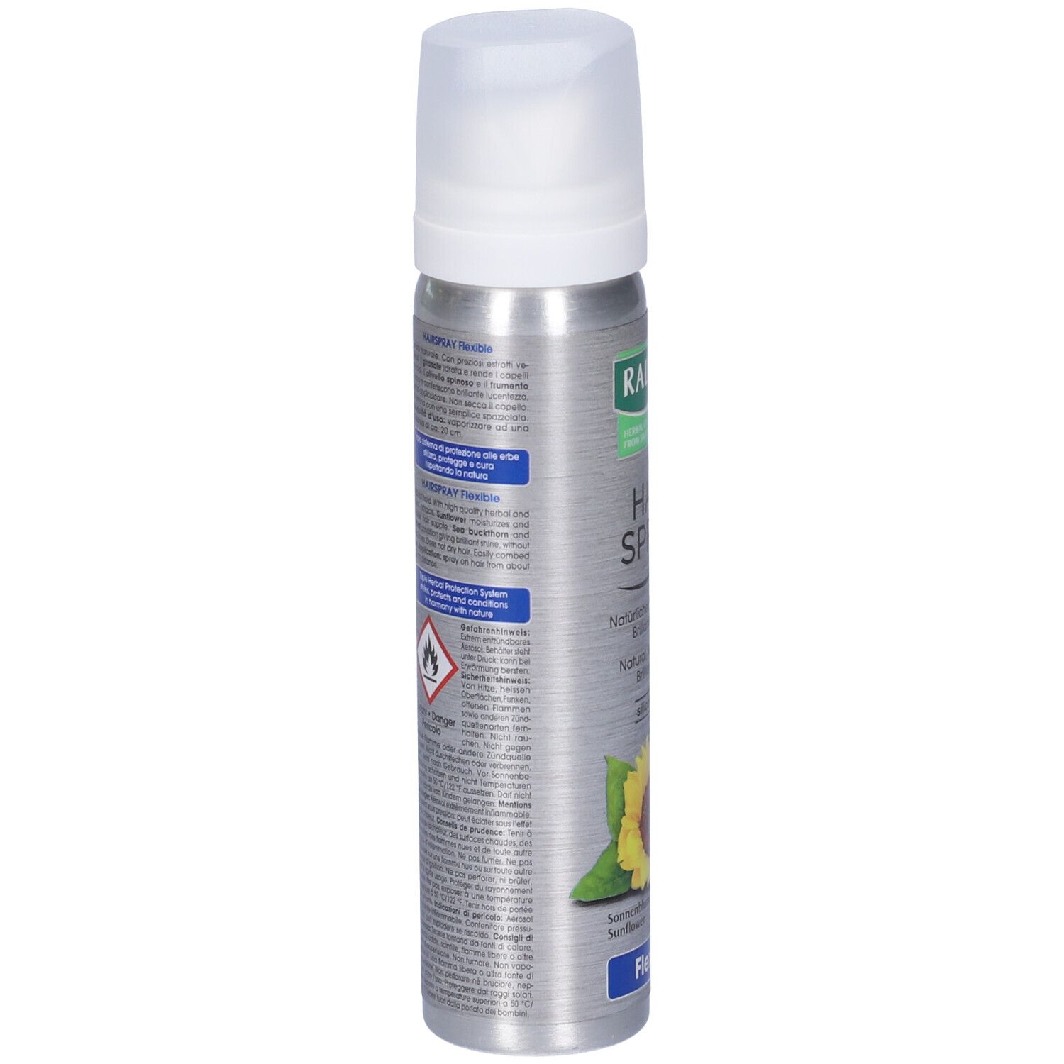 Spray aerosol, vista laterale. Testo con ingredienti e avvertenze. Illustrazione girasole. Formula flessibile.