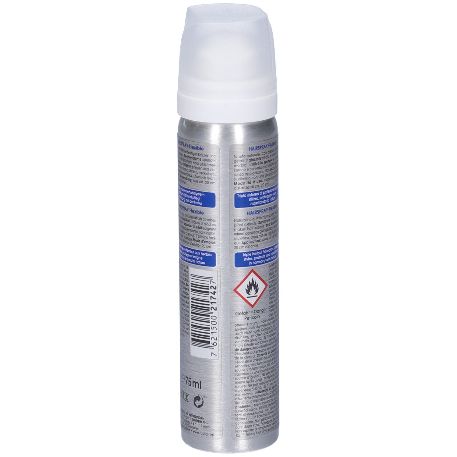 Spray aerosol, retro. Testo con ingredienti e avvertenze. 75 ml. Simbolo di pericolo. Formula flessibile.