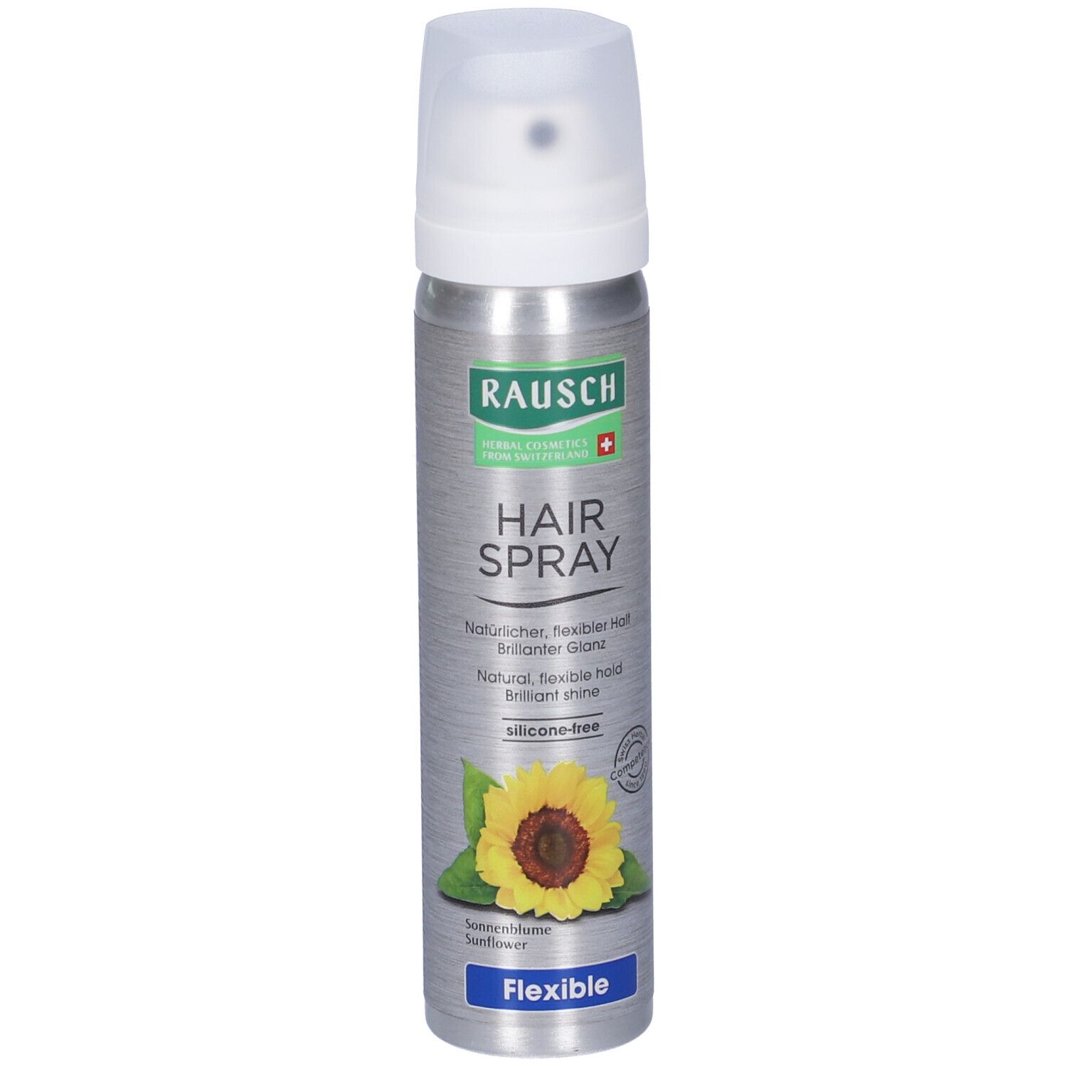 Spray aerosol con tappo bianco. Logo Rausch, scritta « HAIR SPRAY », illustrazione girasole. Formula flessibile.
