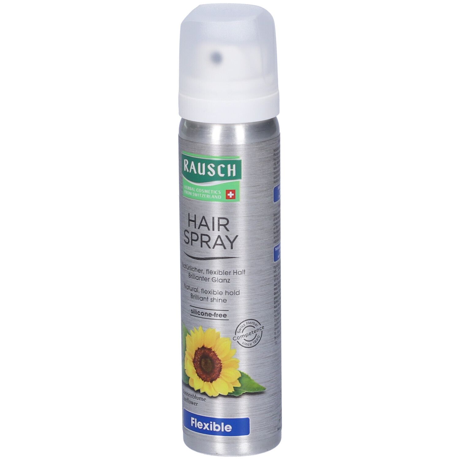 Spray aerosol con tappo bianco. Logo Rausch, scritta « HAIR SPRAY », illustrazione girasole. Formula flessibile.