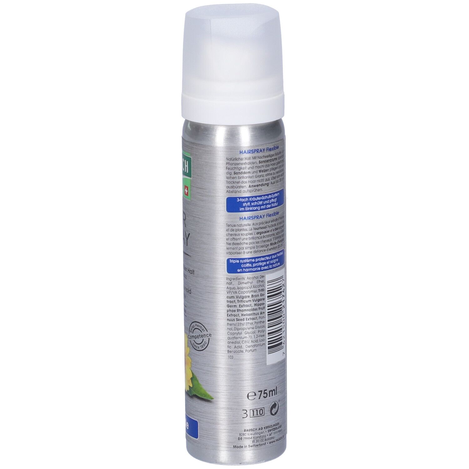 Spray aerosol, retro. Testo con ingredienti e avvertenze. 75 ml. Simbolo di pericolo. Formula flessibile.