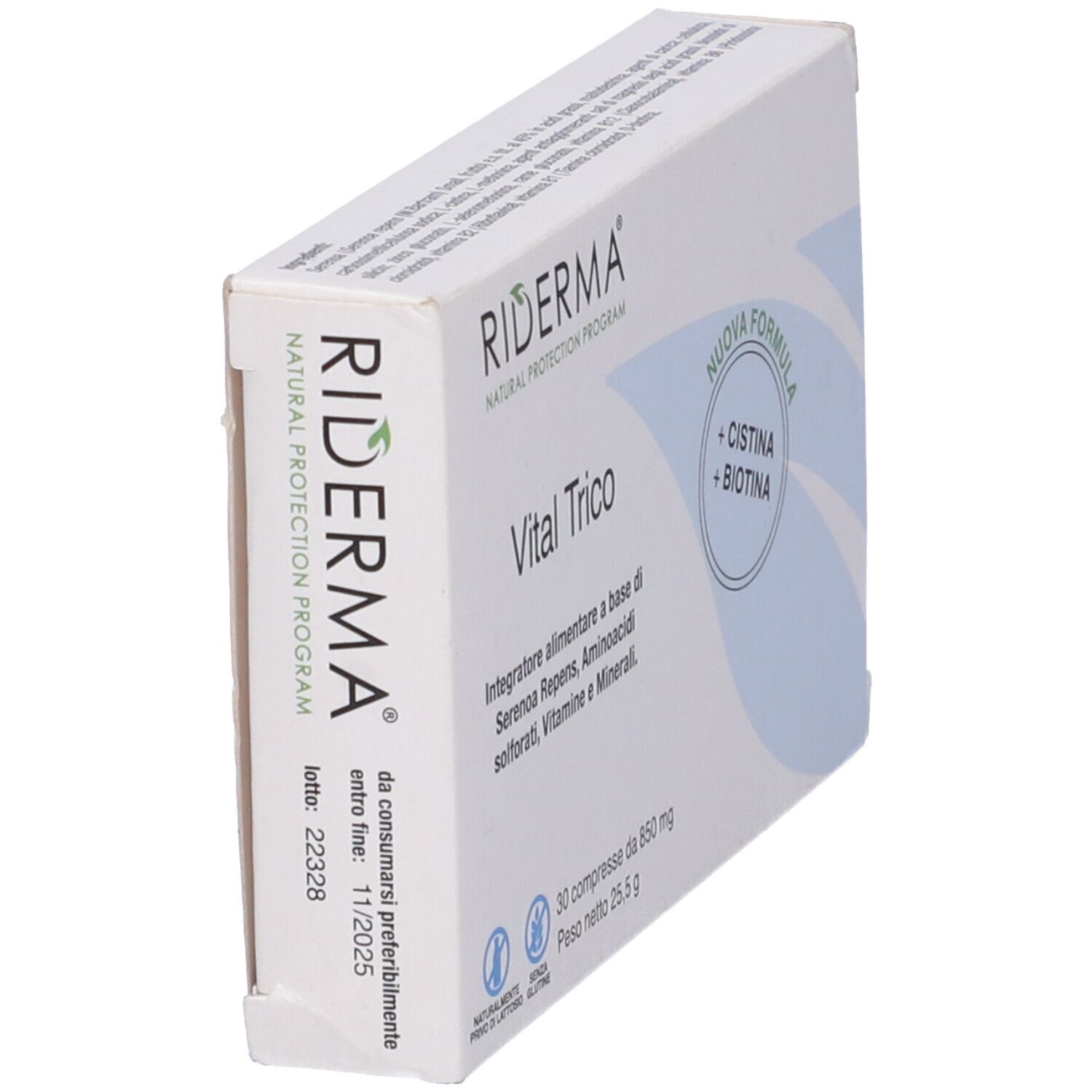 Vista obliqua della confezione Riderma Vital Trico. Contiene 30 compresse. Scritta: Nuova Formula + Cistina + Biotina.