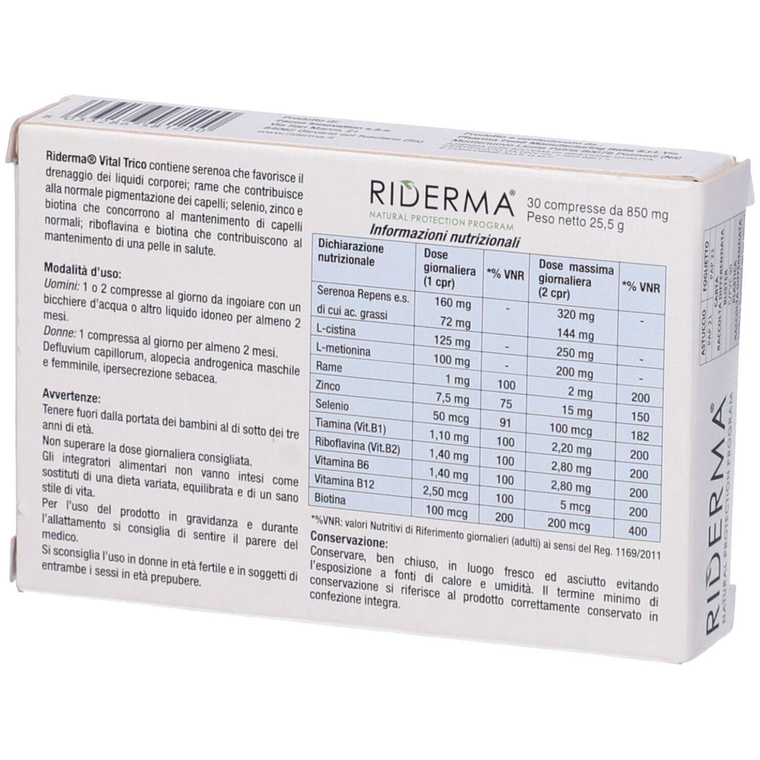Retro della confezione Riderma Vital Trico. Contiene informazioni nutrizionali e ingredienti.