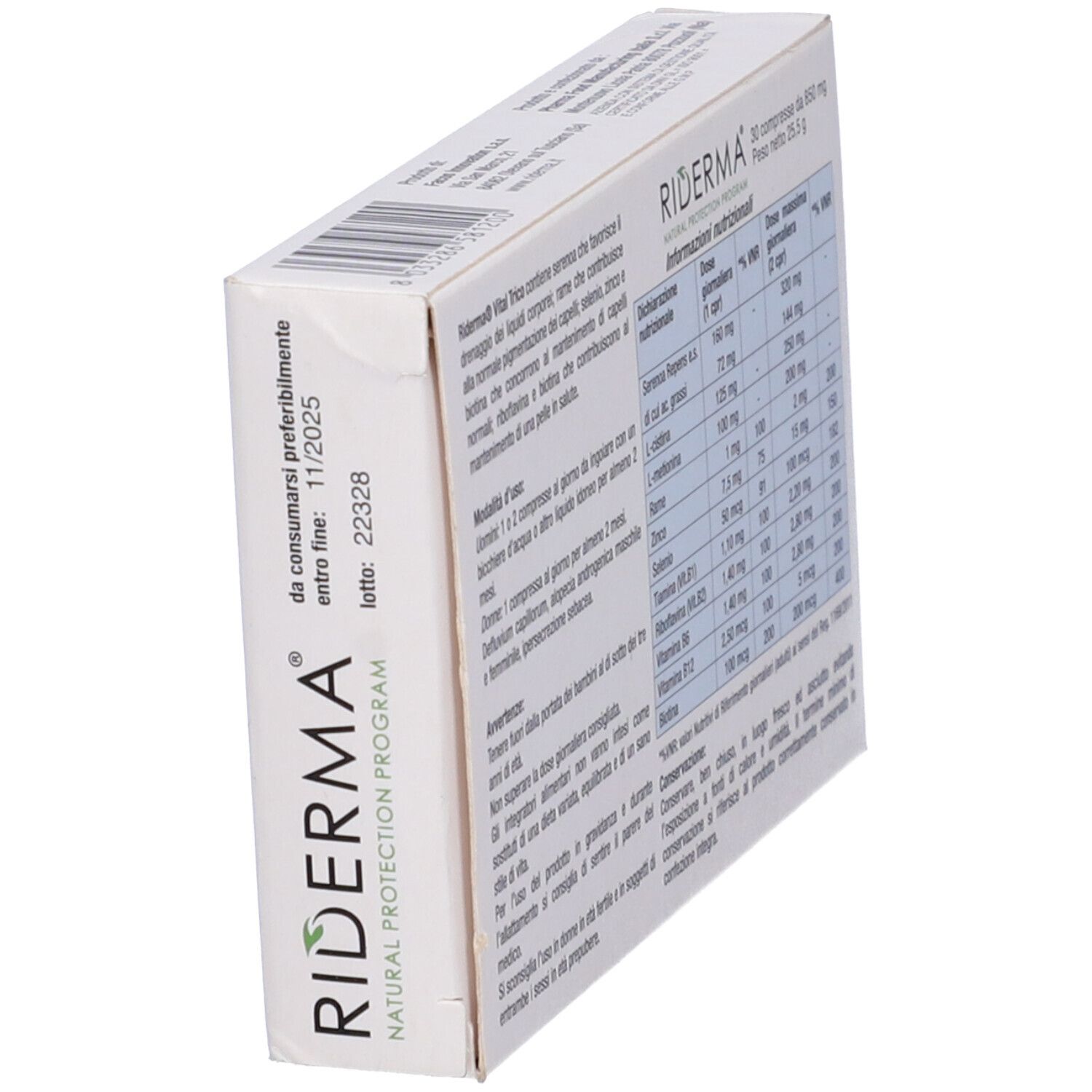 Vista obliqua del retro della confezione Riderma Vital Trico. Contiene informazioni nutrizionali e ingredienti.