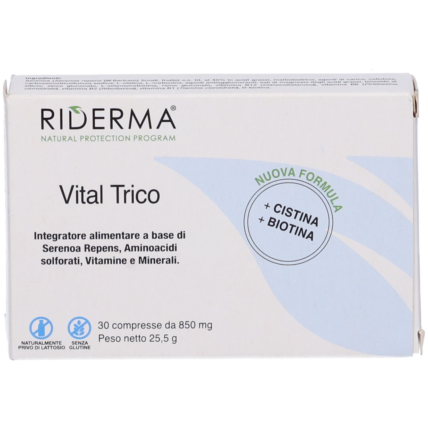 Confezione di Riderma Vital Trico. Contiene 30 compresse. Scritta: Nuova Formula + Cistina + Biotina.