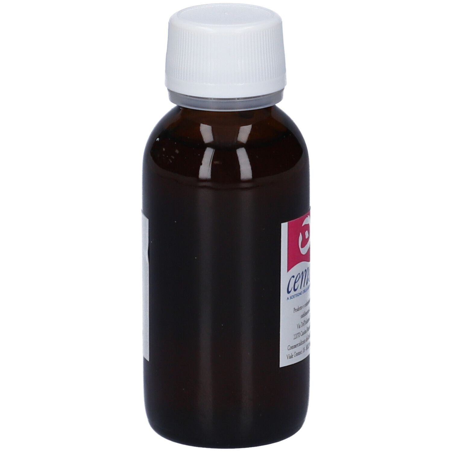 Flacone di vetro marrone con tappo bianco. Etichetta con logo e informazioni sul prodotto. Testo: Cemon, Macerato Glicerico.