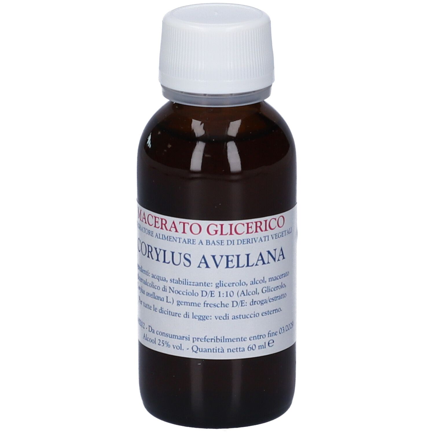 Flacone di vetro marrone con tappo bianco. Etichetta con informazioni sul prodotto. Testo: Macerato Glicerico, Corylus Avellana.