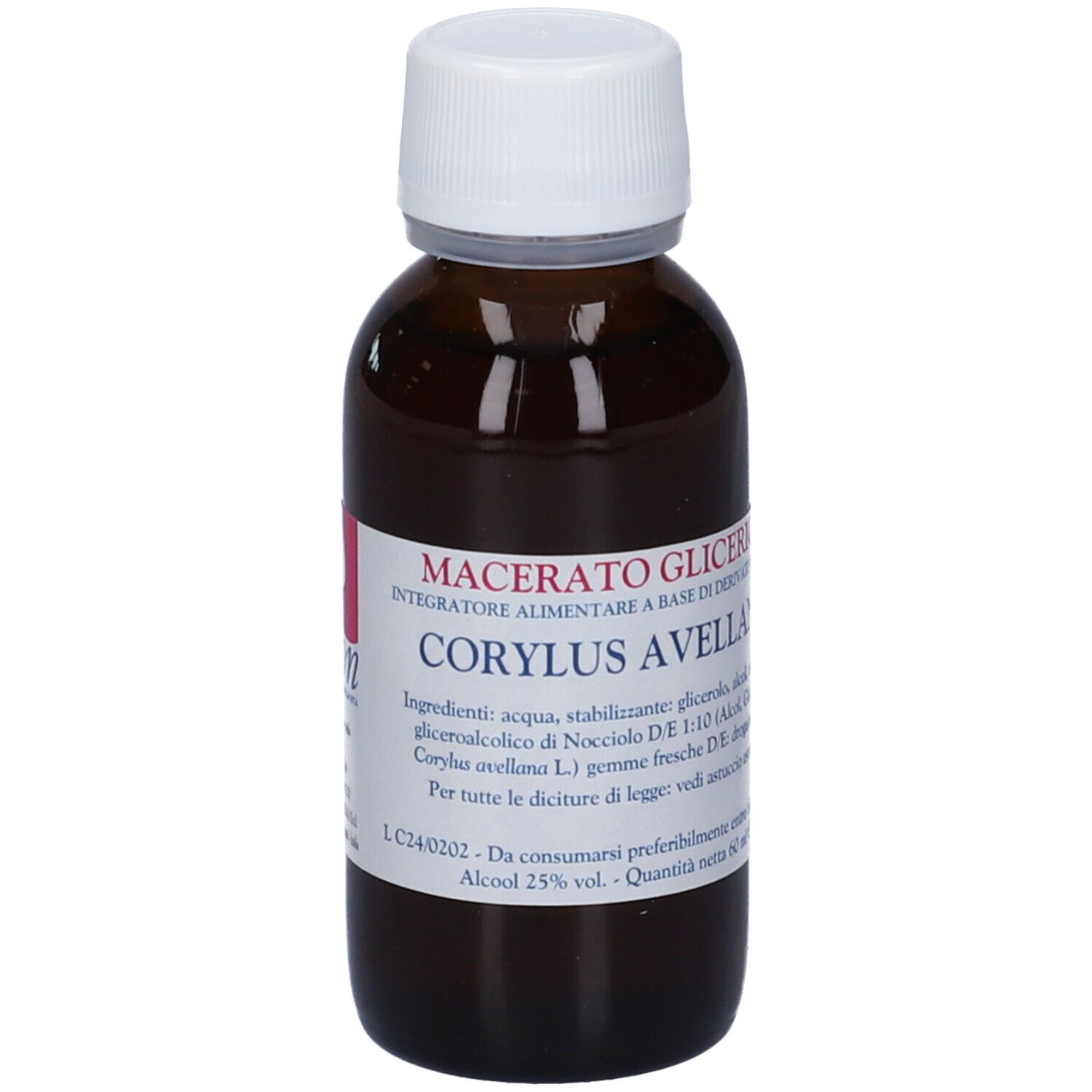 Flacone di vetro marrone con tappo bianco. Etichetta con informazioni sul prodotto. Testo: Macerato Glicerico, Corylus Avellana.